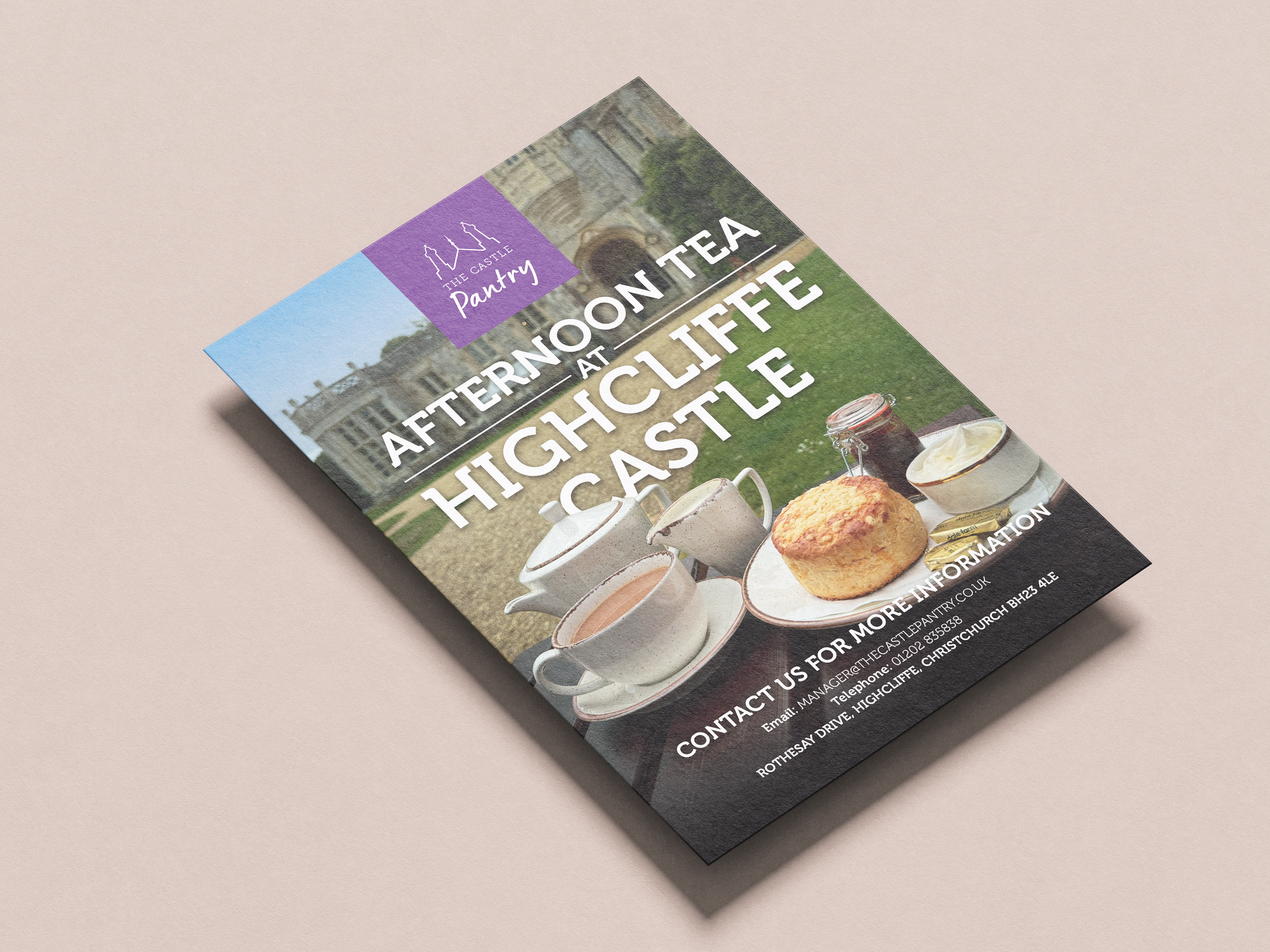Flyer for The Castle Pantry promoting afternoon tea at Highcliffe Castle with images of tea cups, a scone, jam, cream, and honey. Contact information for more details.