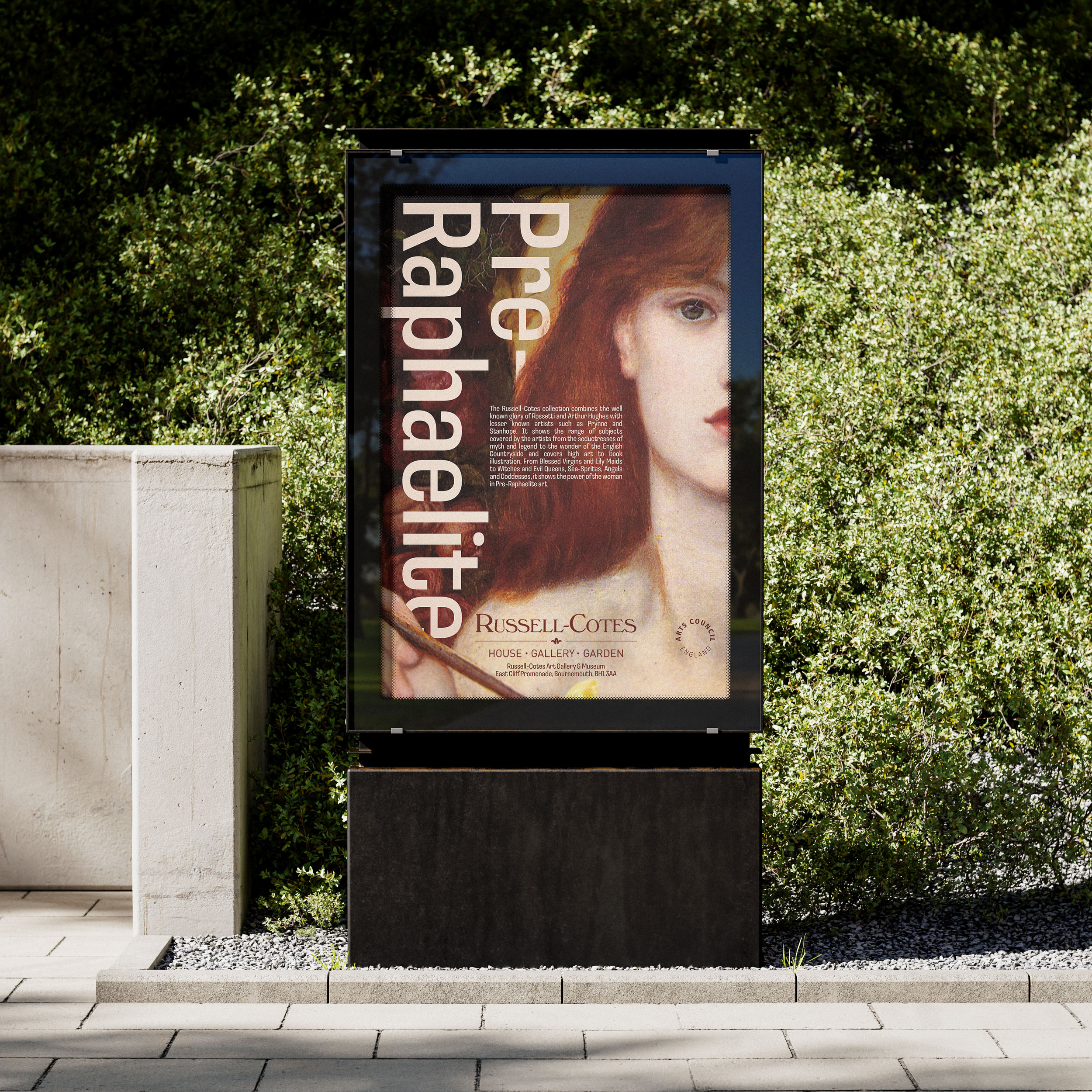 Poster advertising a Russell-Cotes art exhibition, featuring a close-up of a woman's face with red hair.