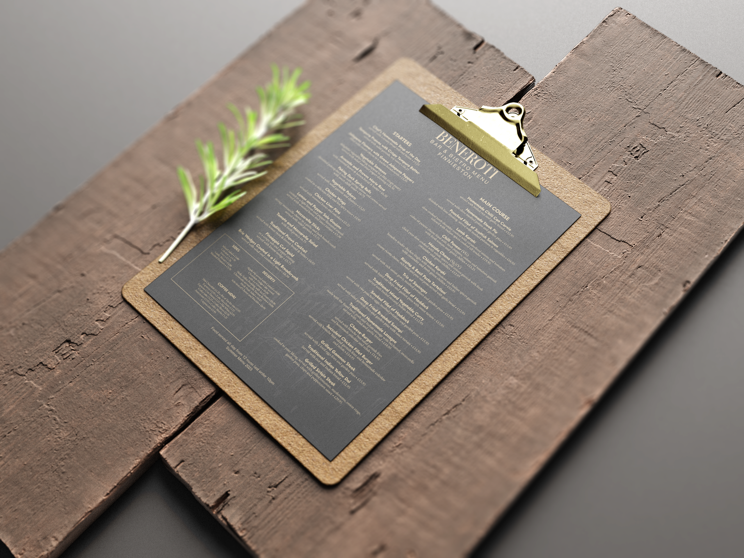 A gray restaurant menu on a clipboard placed on a wooden table, with a sprig of green herb next to it.