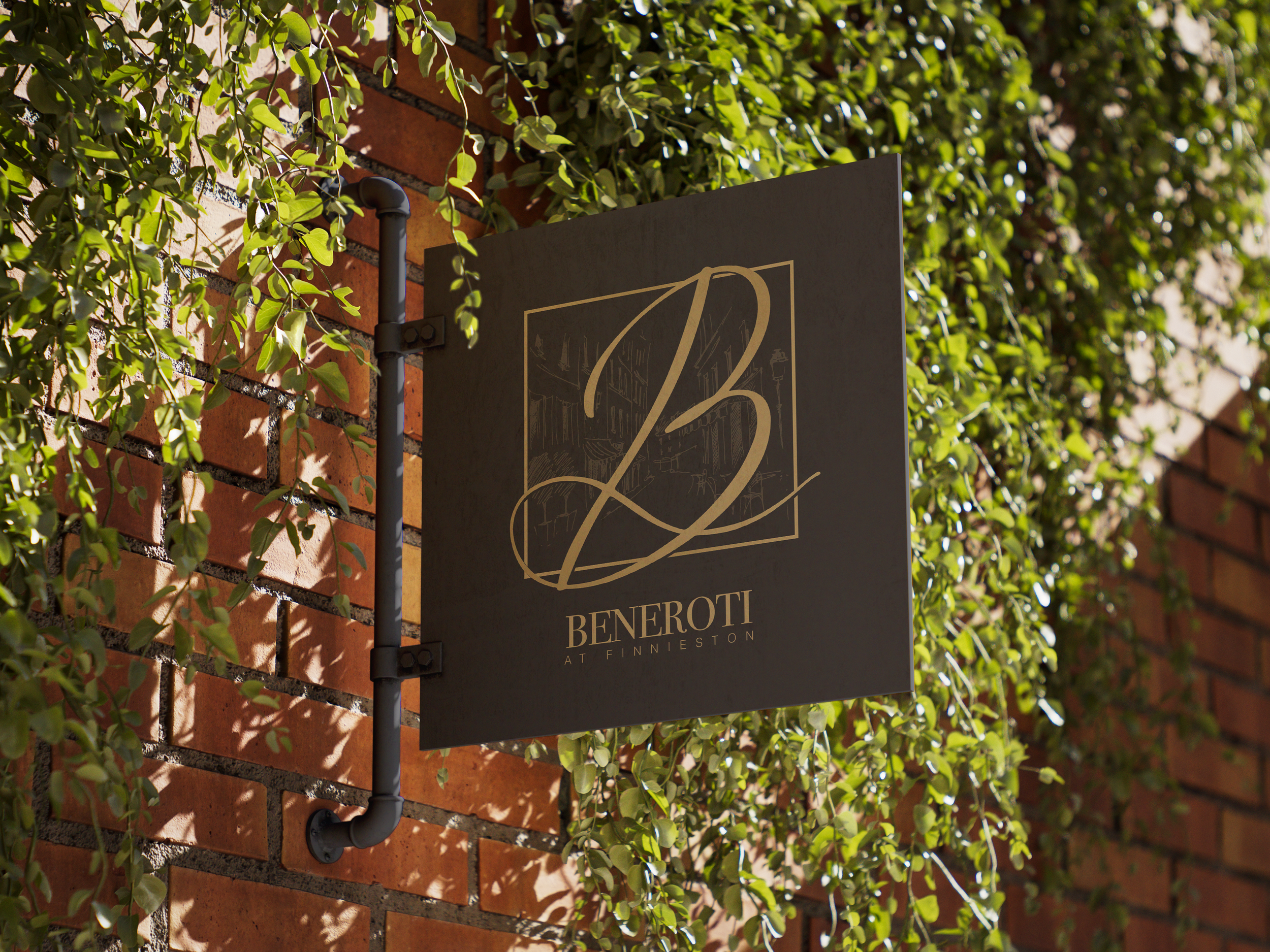 A black square sign with gold lettering hanging on a brick wall surrounded by green foliage. The sign reads 'Beneroti at Finneston' with a decorative large letter 'B' in a square outline.