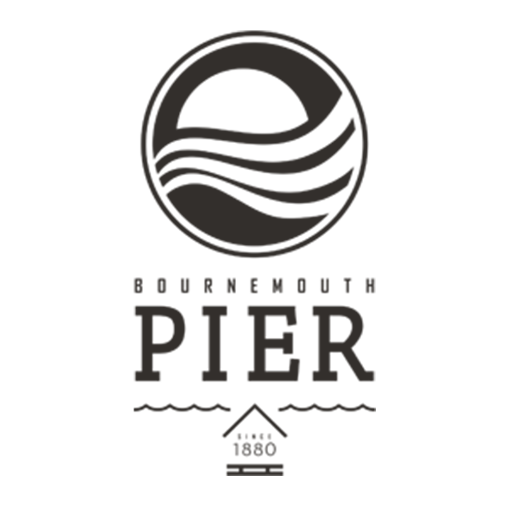 Logo for Bourneout Pier featuring a circular design with a stylized sun and wavy lines, the word "PIER" in bold letters, and the phrase "since 1880" with a small house icon.