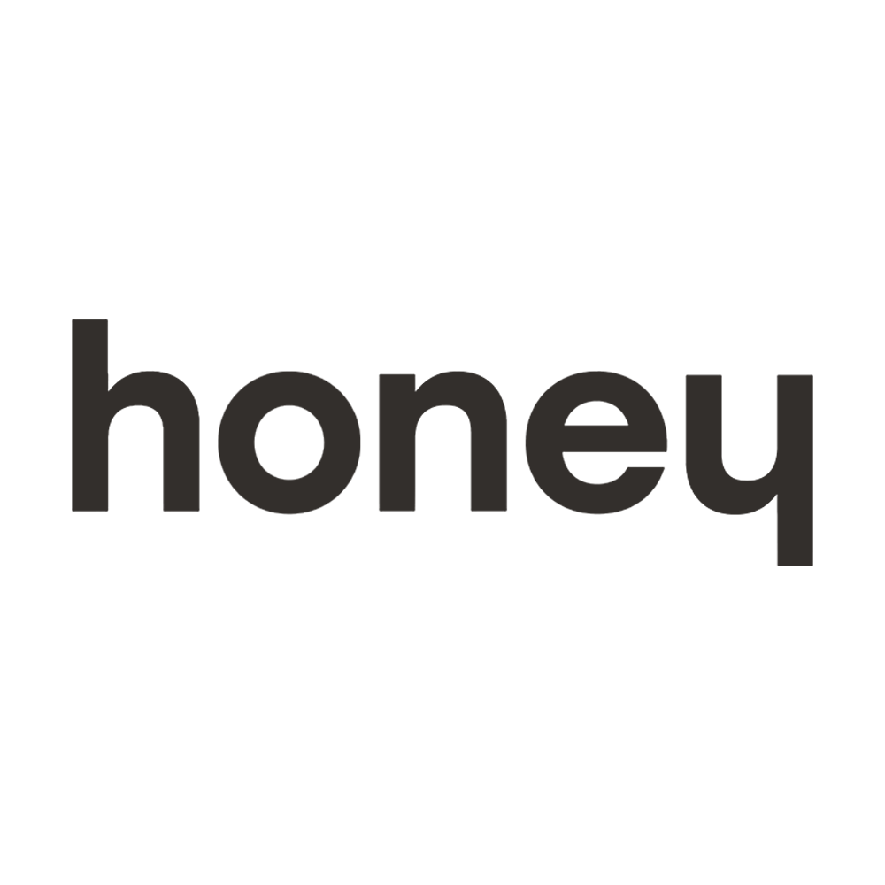 Black and white lettering with the words "I love honey" and a honey dipper illustration.
