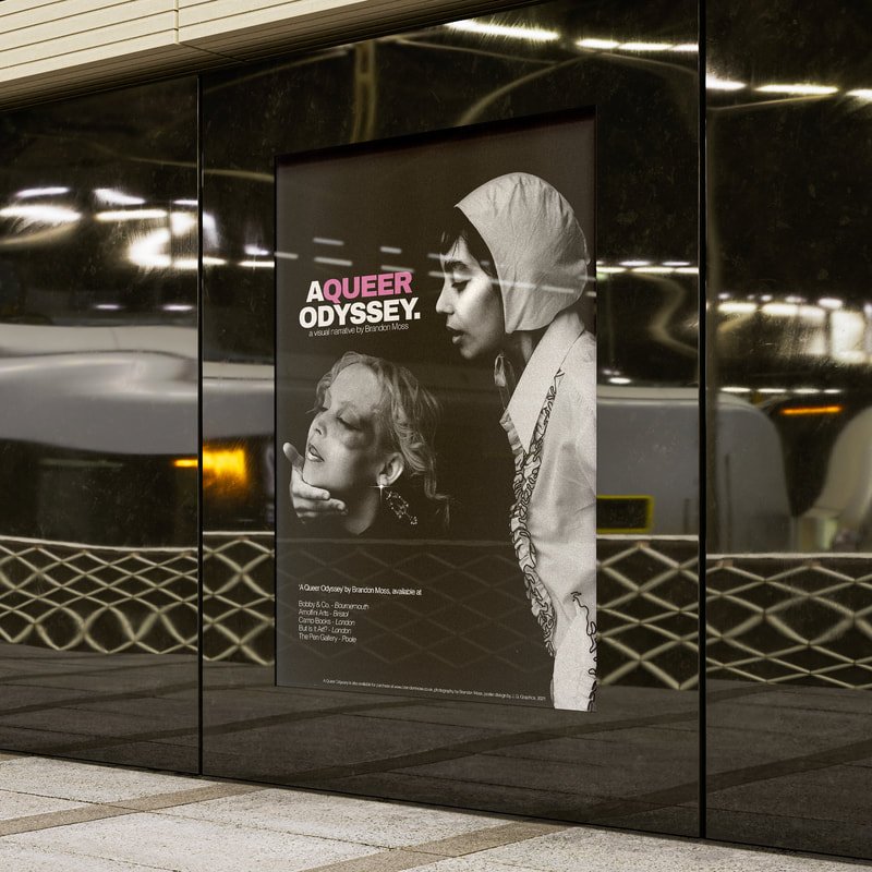 Poster titled 'A QUEER ODYSSEY' featuring a black and white photograph of a woman with a headscarf and an emotional young girl, with the woman gently touching the girl's face.