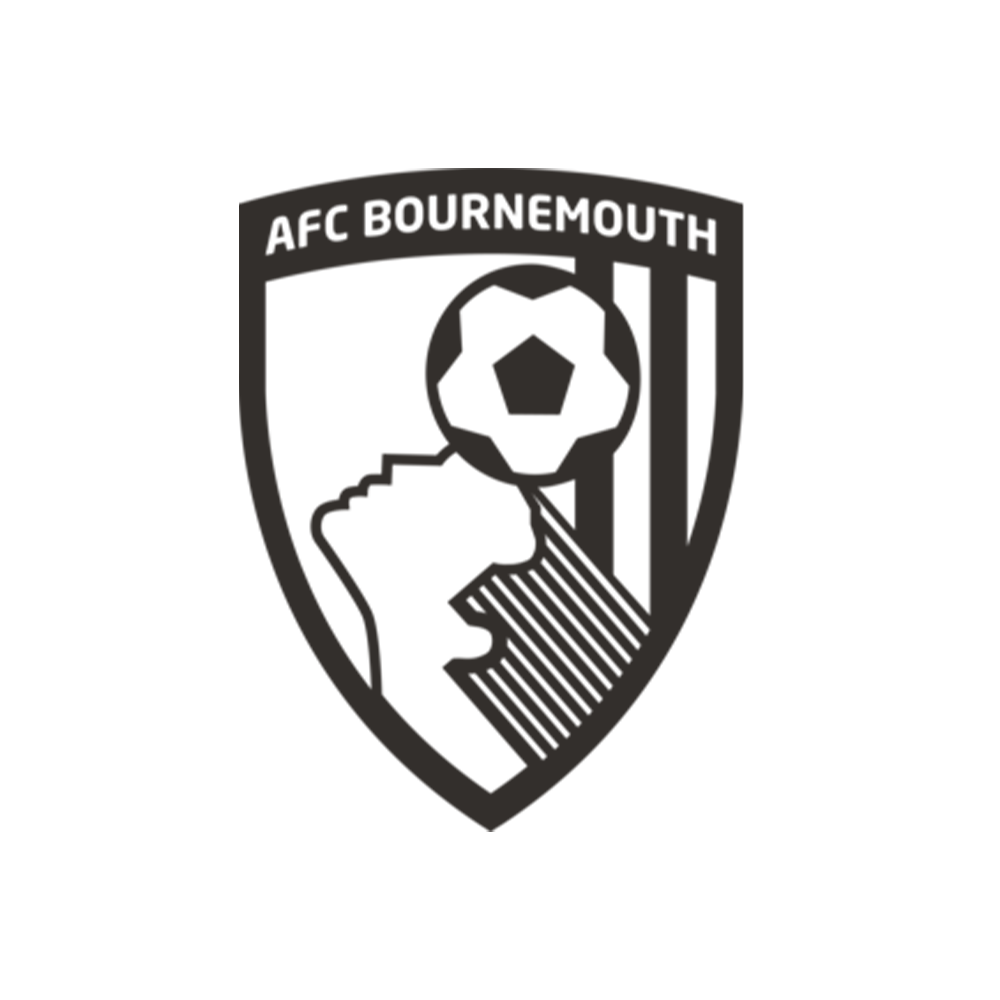 Football crest with a shield shape, featuring a football, a coastline outline, and horizontal stripes. The top of the crest says "AFC Bournemouth".