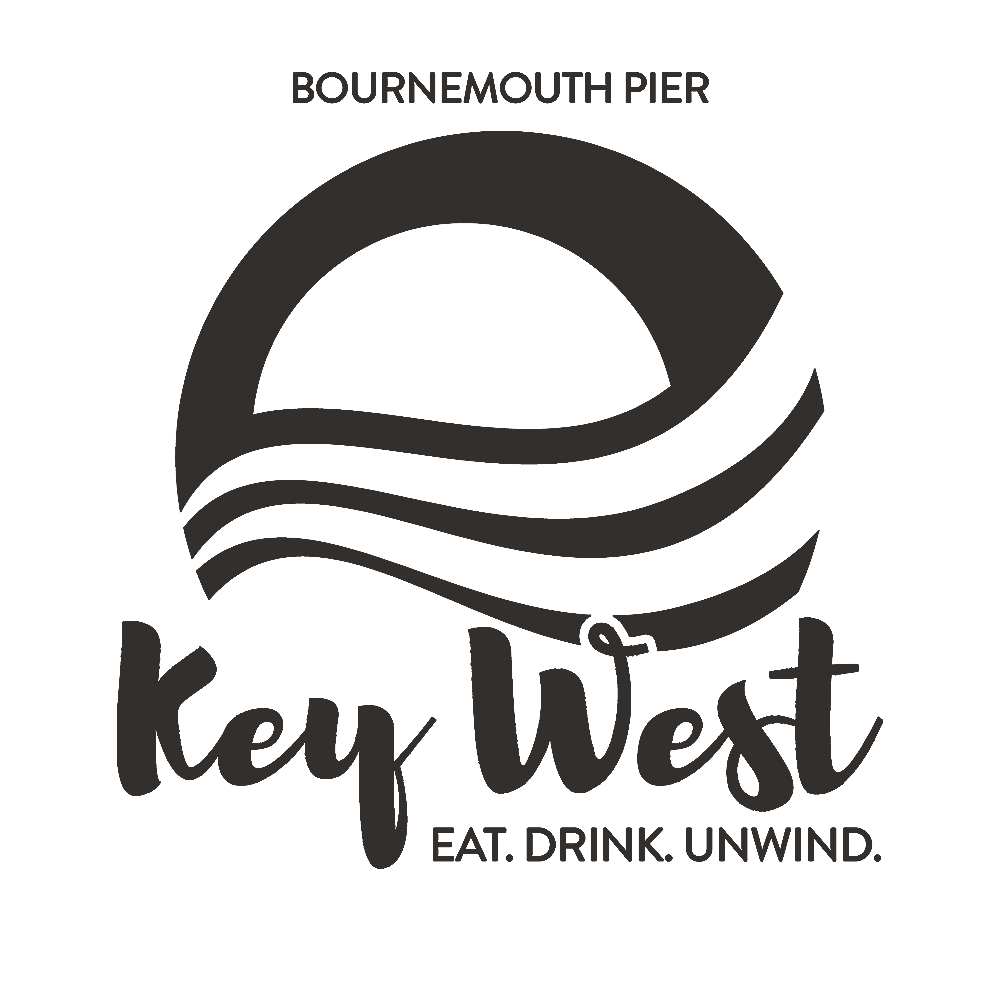Logo for Key West with a circular design featuring waves and a setting sun, and text that reads "Bournemouth Pier" and "Eat. Drink. Unwind."