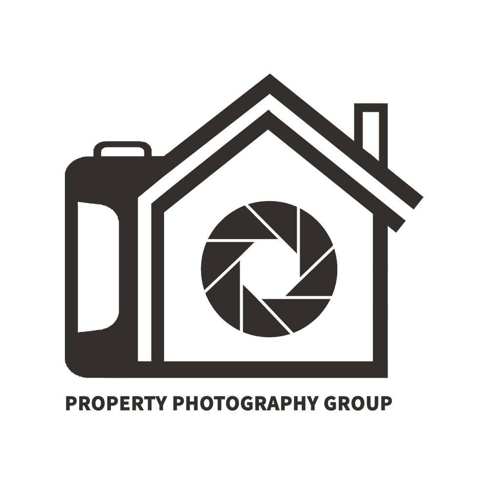 Logo for Property Photography Group featuring a house outline with a camera lens and a house silhouette with a chimney