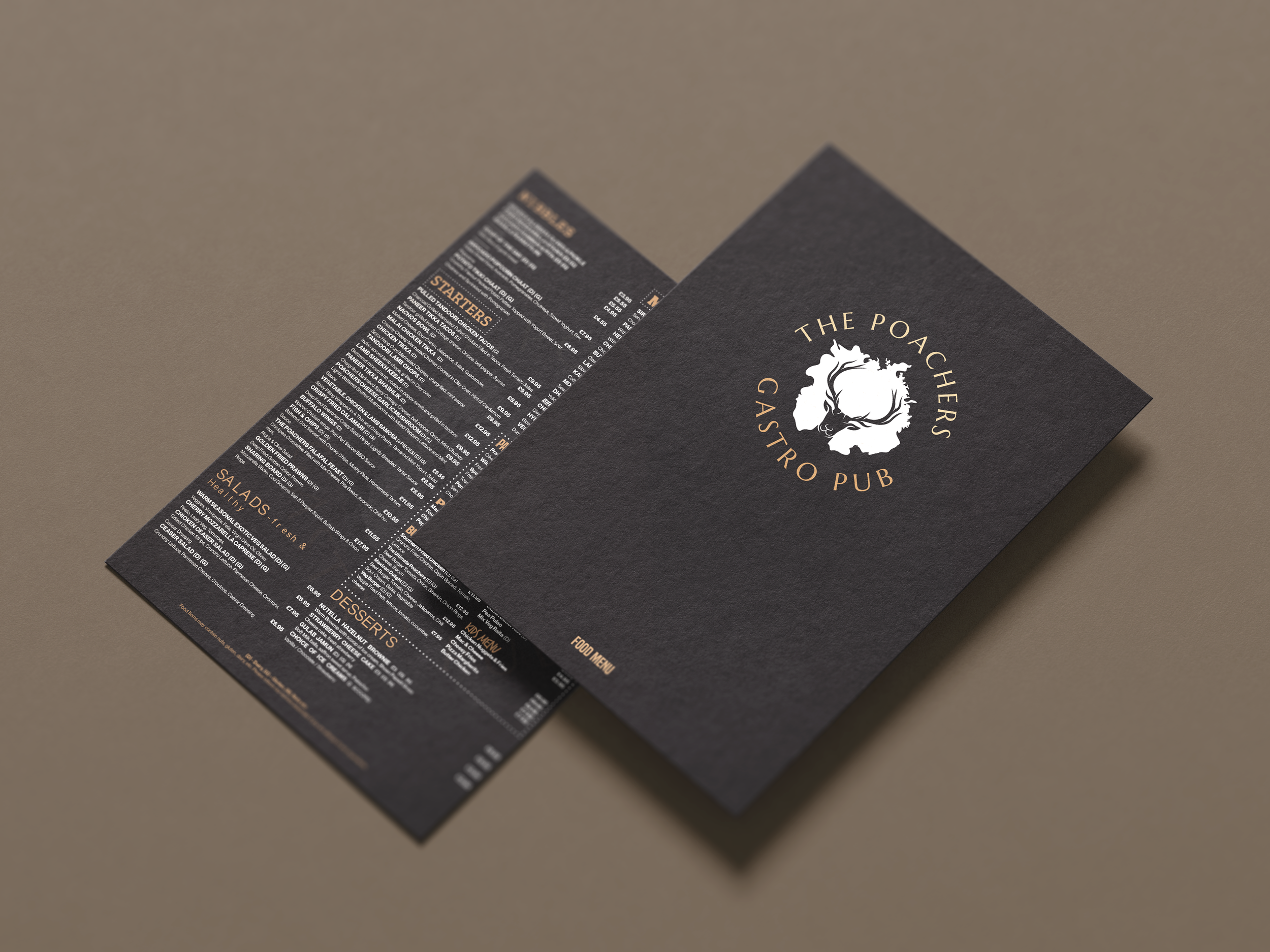 A folded black menu for The Poachers Gastropub with a logo of a deer's head and the pub's name on the front, and food options including starters, salads, and desserts on the inside.