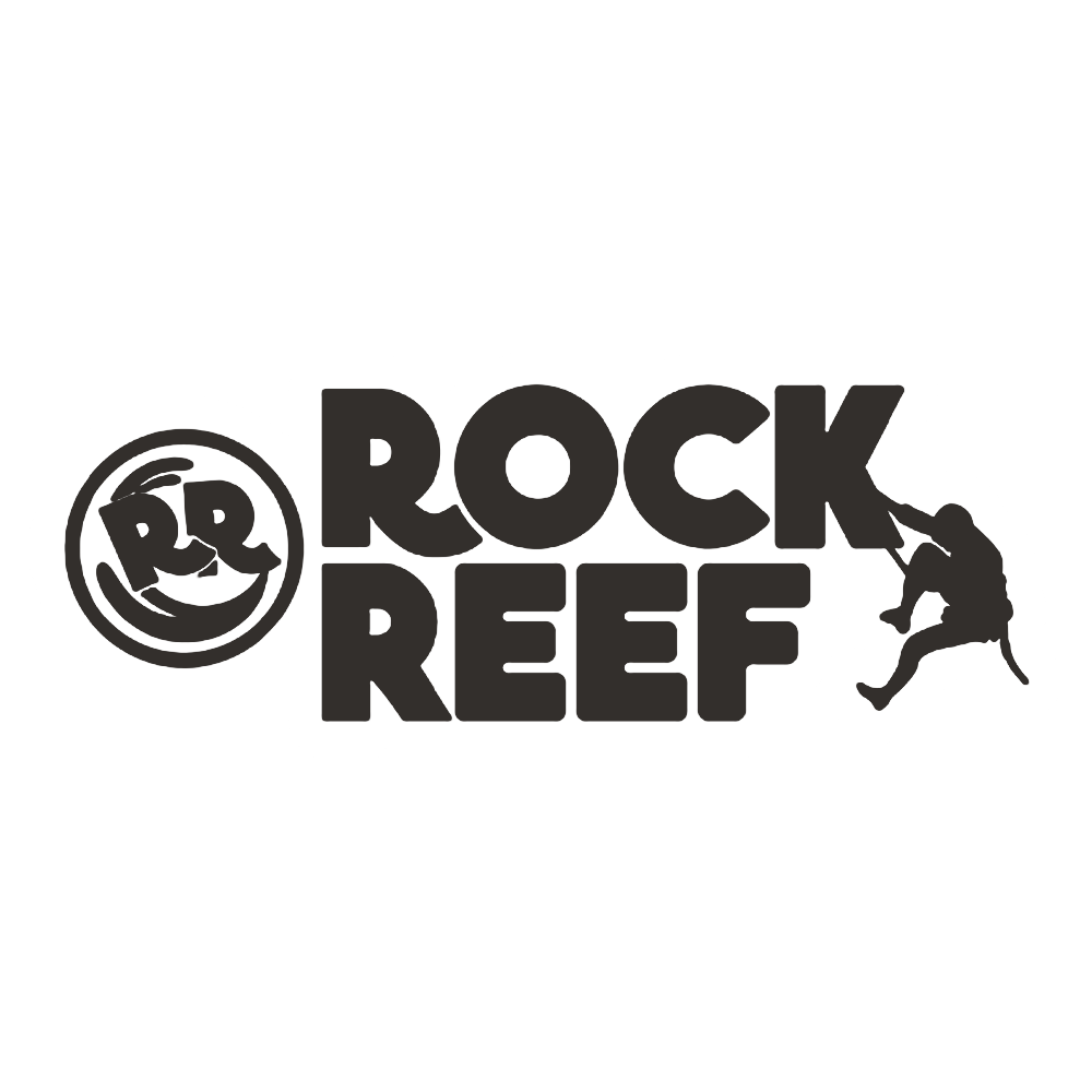 Logo for Rock Reef with a smiling face inside a circle and a rock climber on the right.