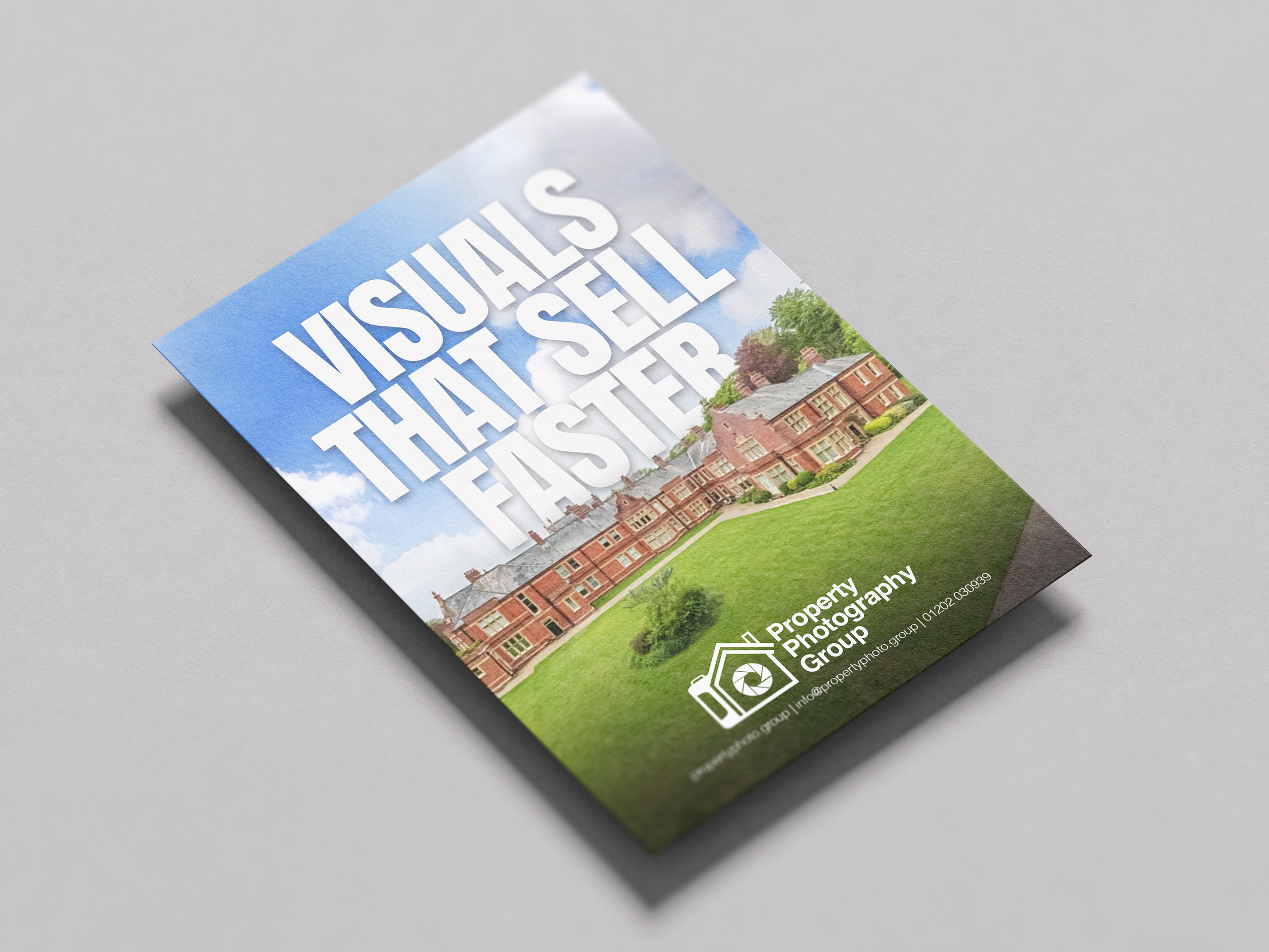 Flyer advertising property sales with a background image of a large red-brick residential building under a cloudy sky and green grass area, with white bold text saying 'VISUALS THAT SELL FASTER' and a logo for Property Photography Group.