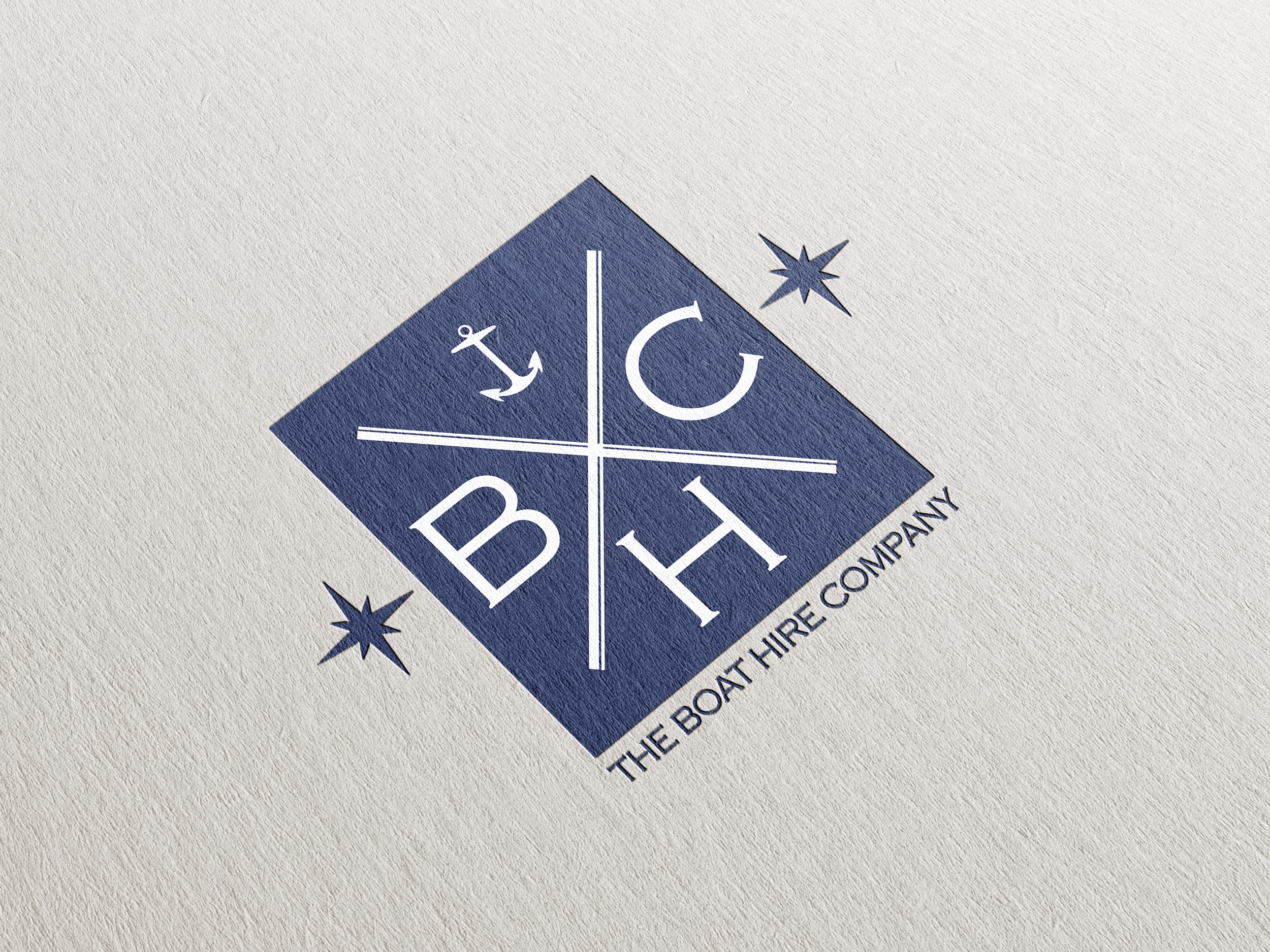 A logo with a navy blue square divided into four sections with white nautical symbols and text below that reads 'The Boat Hire Company'.