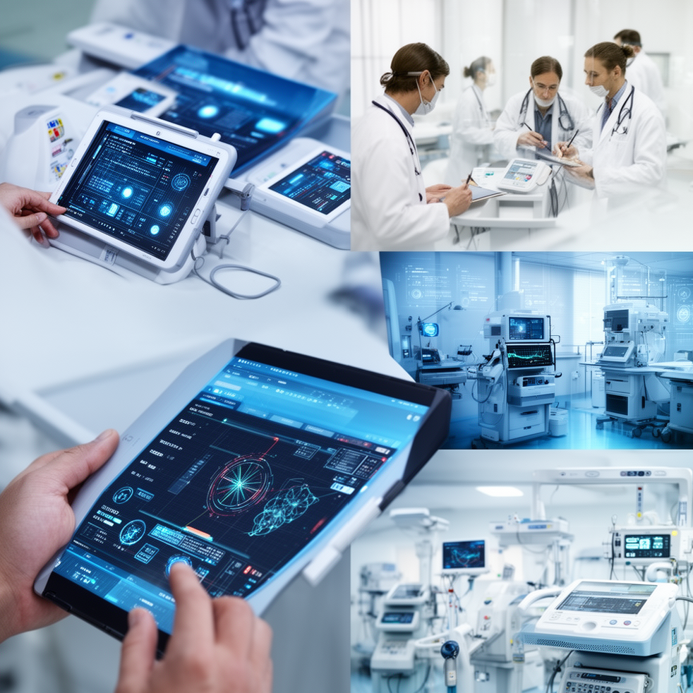Multiple images of high-tech medical equipment and healthcare professionals in a hospital setting, including doctors and nurses reviewing data and operating machines.