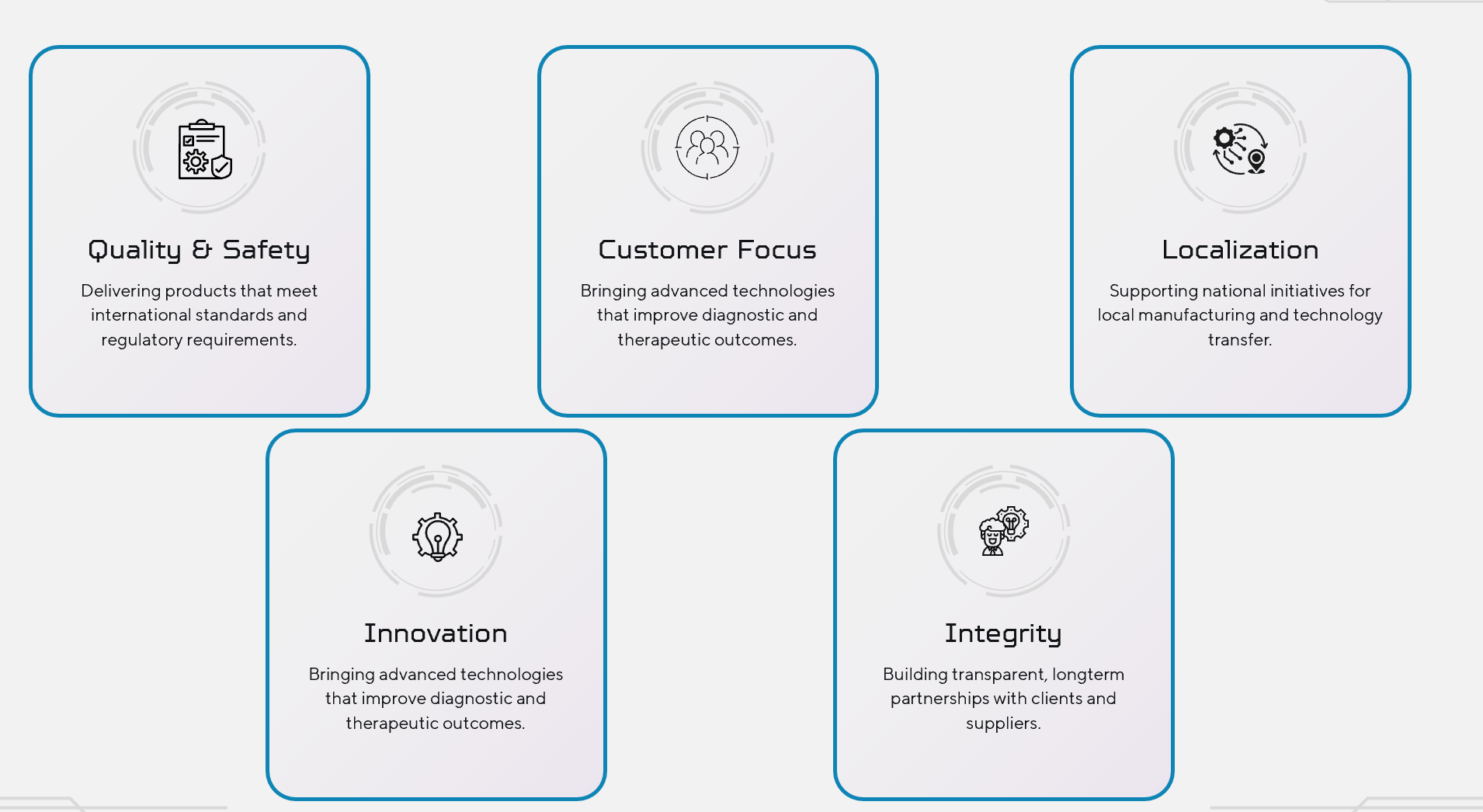 A diagram with five segments highlighting core values: Quality & Safety, Customer Focus, Localization, Innovation, and Integrity, each with respective icons and descriptions.