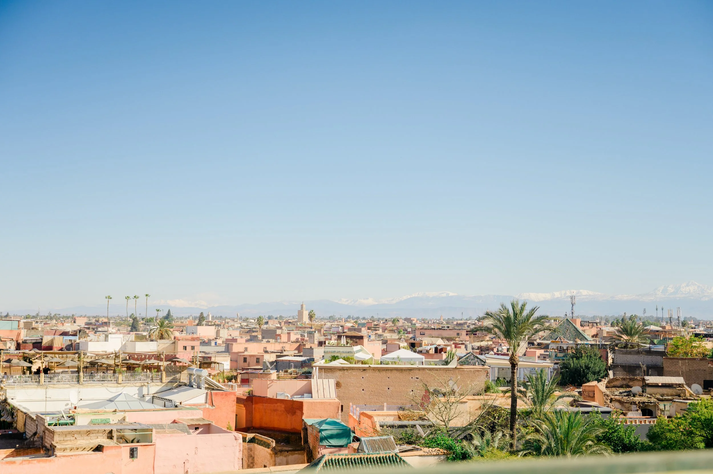 Cityscape with pink and orange buildings, palm trees, and snow-capped mountains in the background under a clear blue sky.