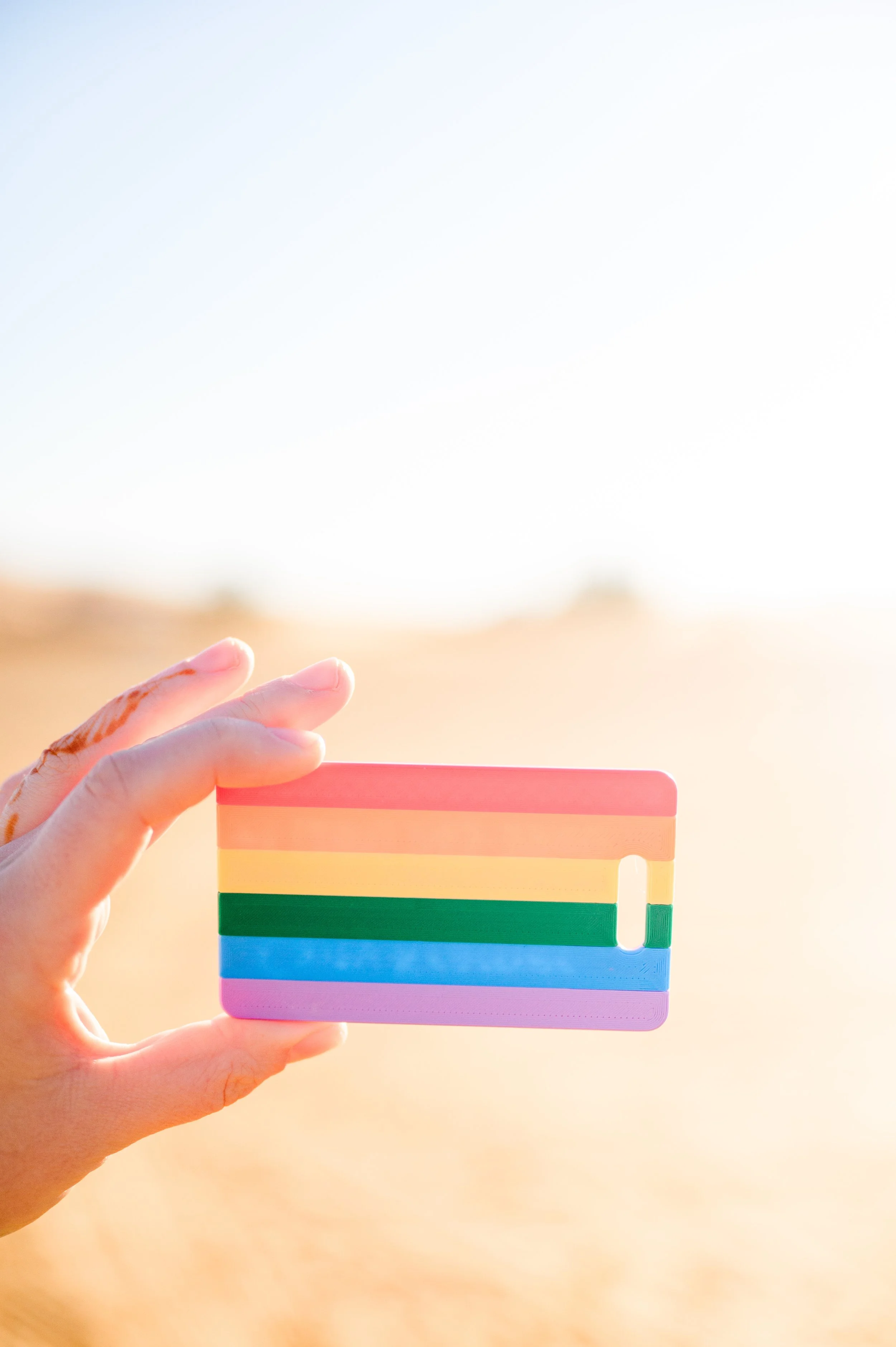 A hand holding a rainbow luggage tag in an outdoor setting with a blurred background.