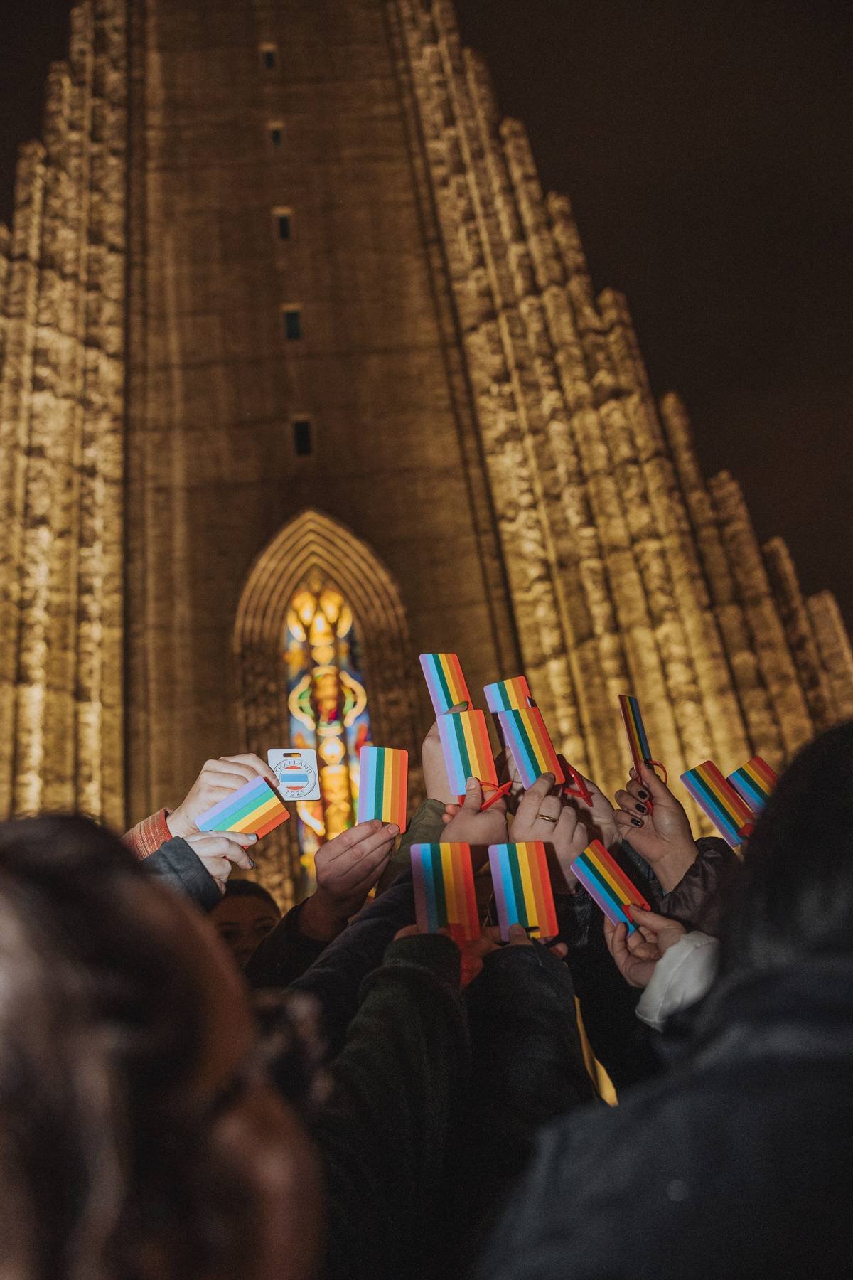 Group of people holding rainbow pride flags in front of a large illuminated gothic-style cathedral at night.