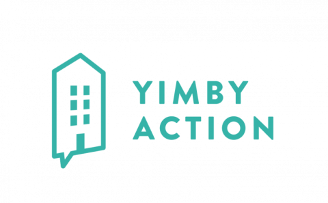Yimby Action logo with stylized city building and speech bubble.