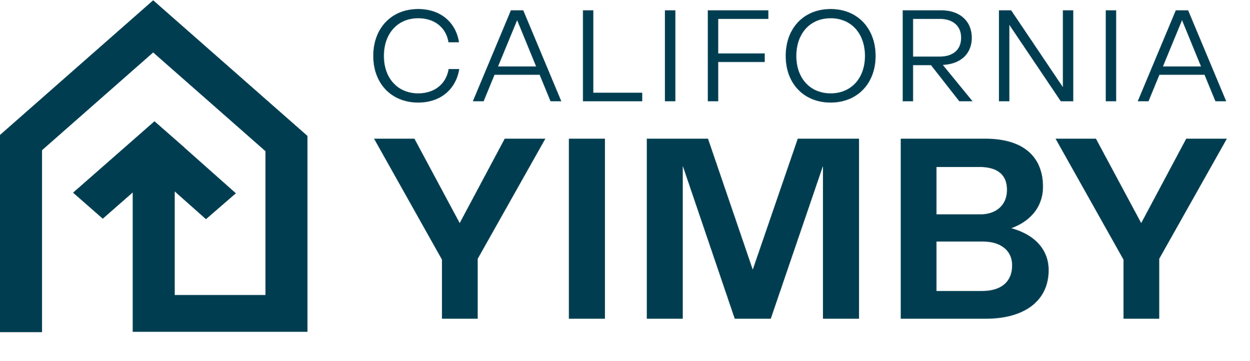 Logo of California YIMBY with a house icon and upward pointing arrow.