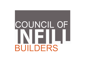 Logo for Council of Neil Builders with a gray and white background and orange text.