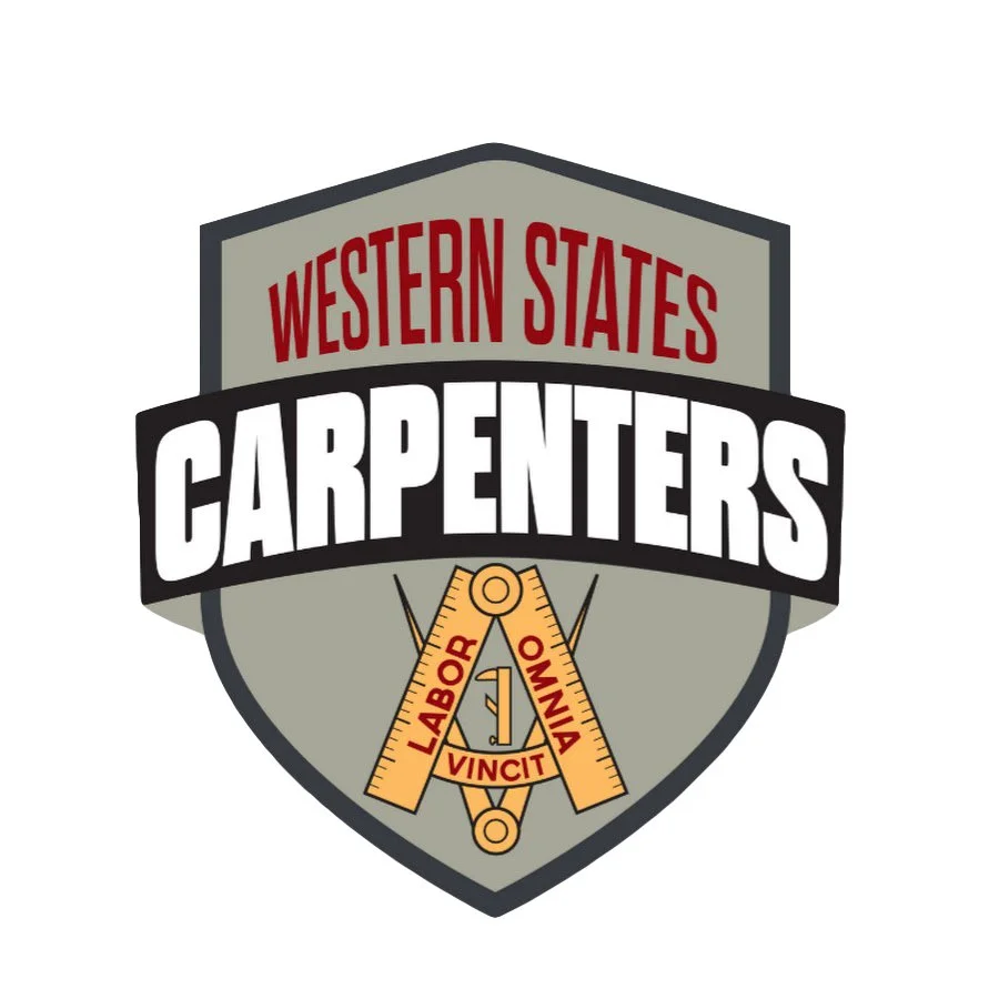 A badge with the words "Western States Carpenters" and a compass tool with the Latin phrase "Labor Vincit Omnia".