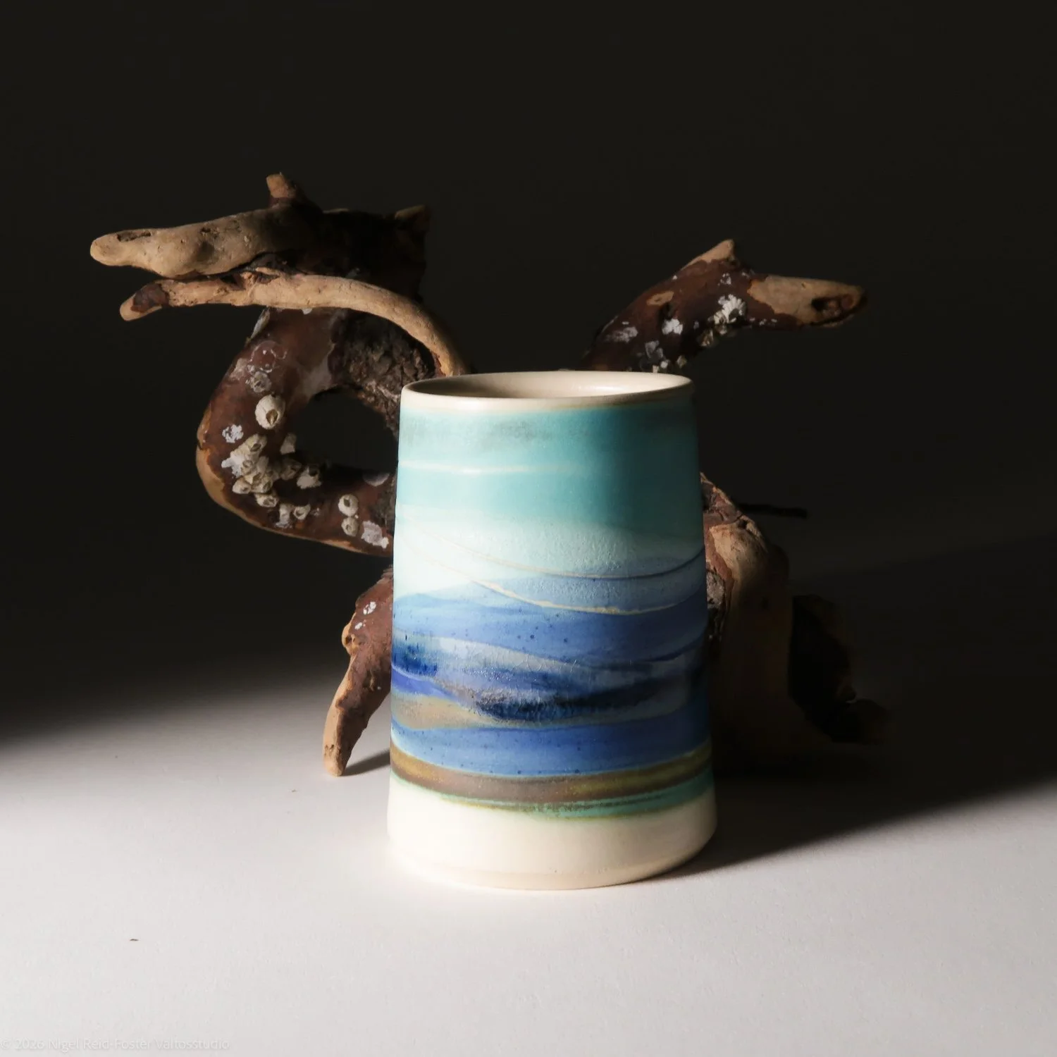 A ceramic vessel with a blue and green watercolor design, placed in front of a dark background with twisted driftwood behind it.