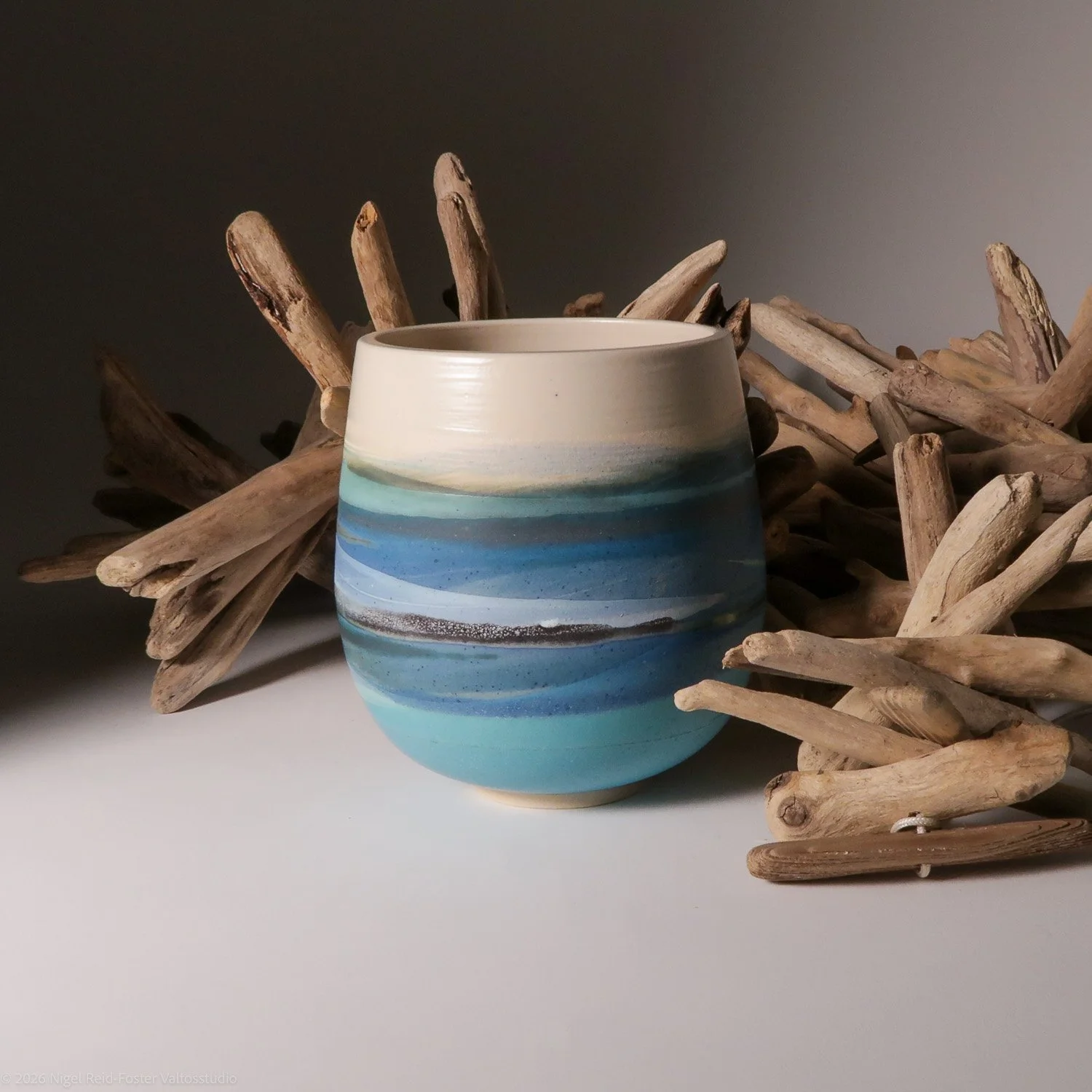 Ceramic mug with blue, white, and beige horizontal stripes, surrounded by driftwood branches on a neutral background.