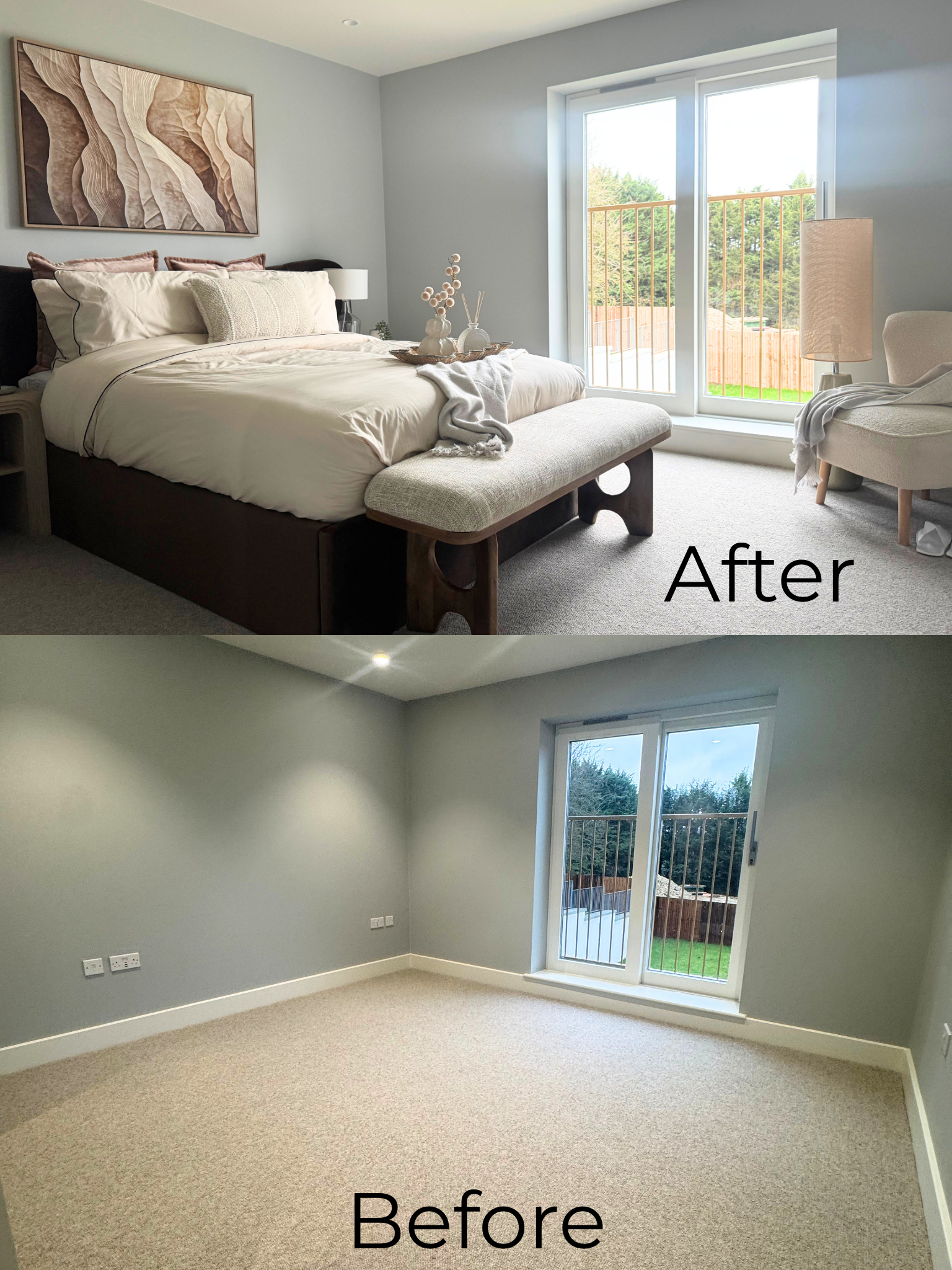 Before and after professionally furnished new build show home master bedroom – Show Home Staging Hertfordshire
