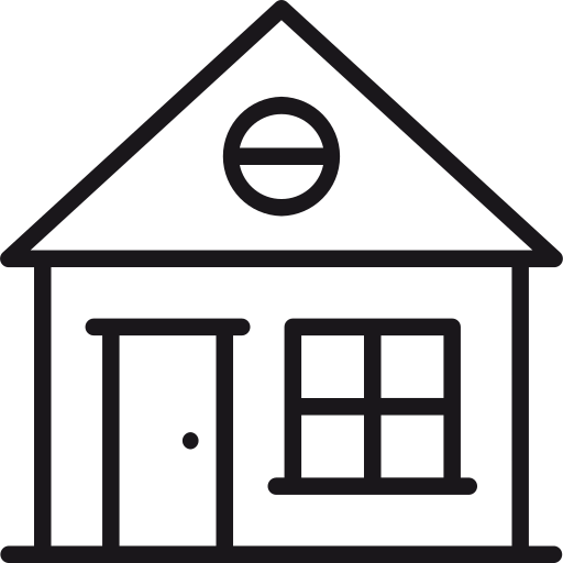 Icon of a house with a triangular roof, a front door, and a window