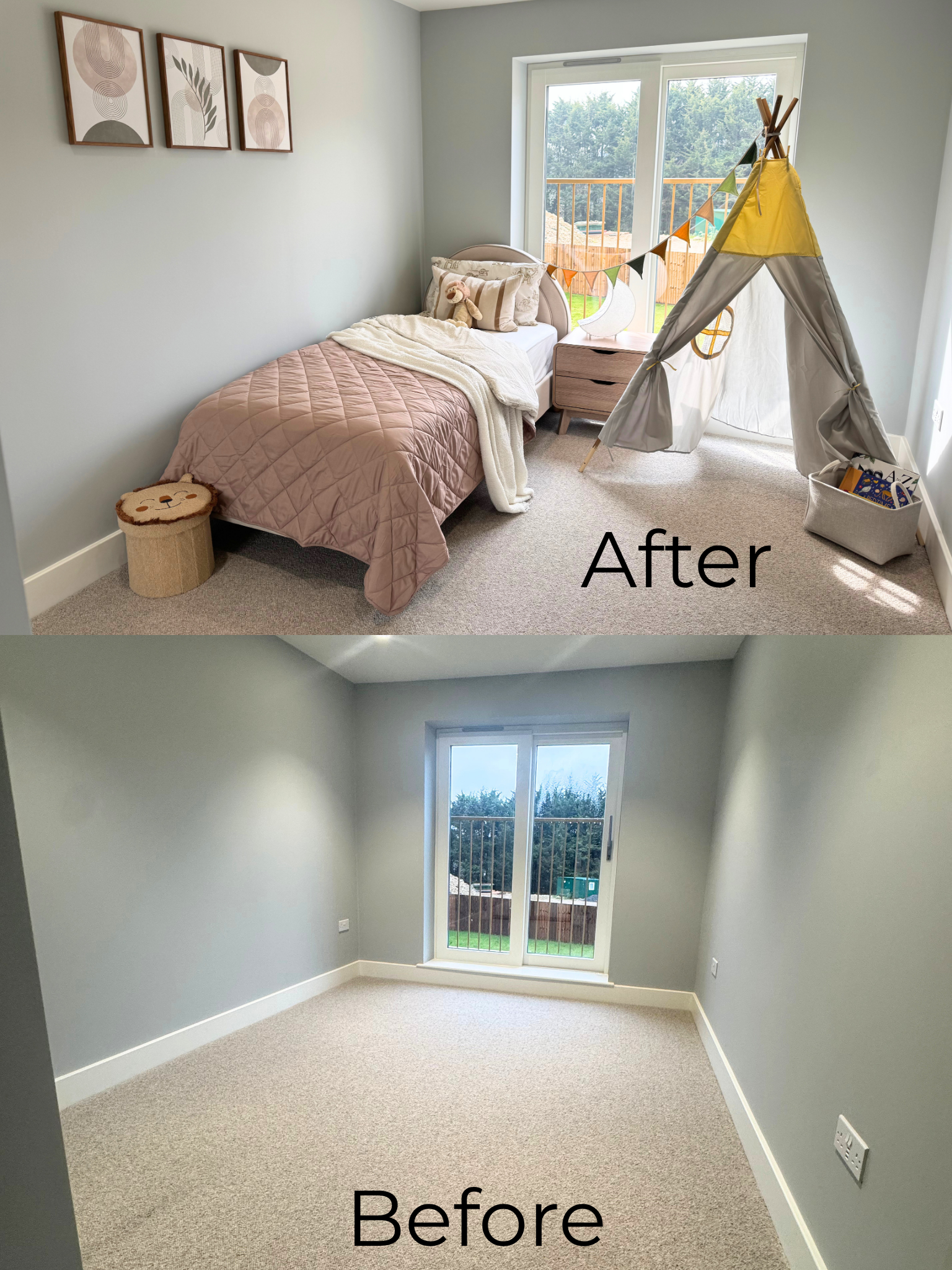 Before and after of a styled children's bedroom in show home ready for photography 