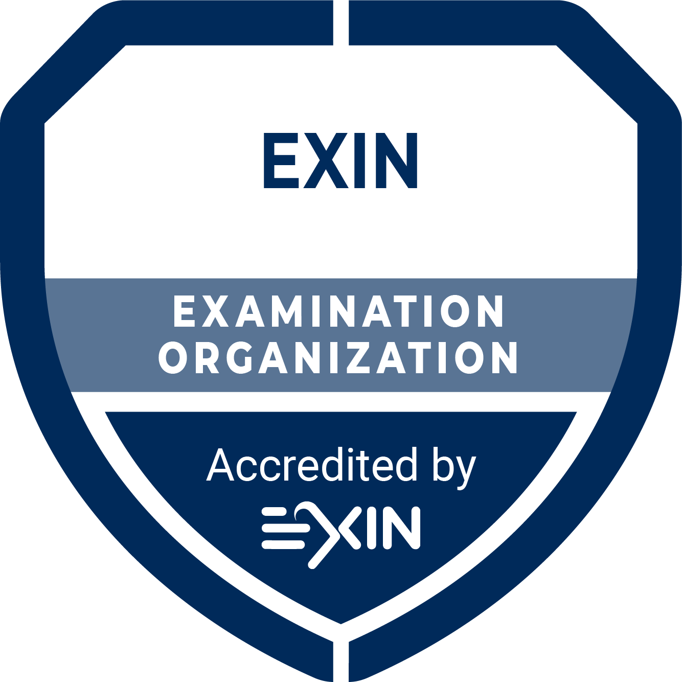 A badge-like graphic with a dark blue border and a shield shape. It reads "EXIN" at the top, "EXAMINATION ORGANIZATION" in the middle, and "Accredited by EXIN" at the bottom, all in white and darker blue text.