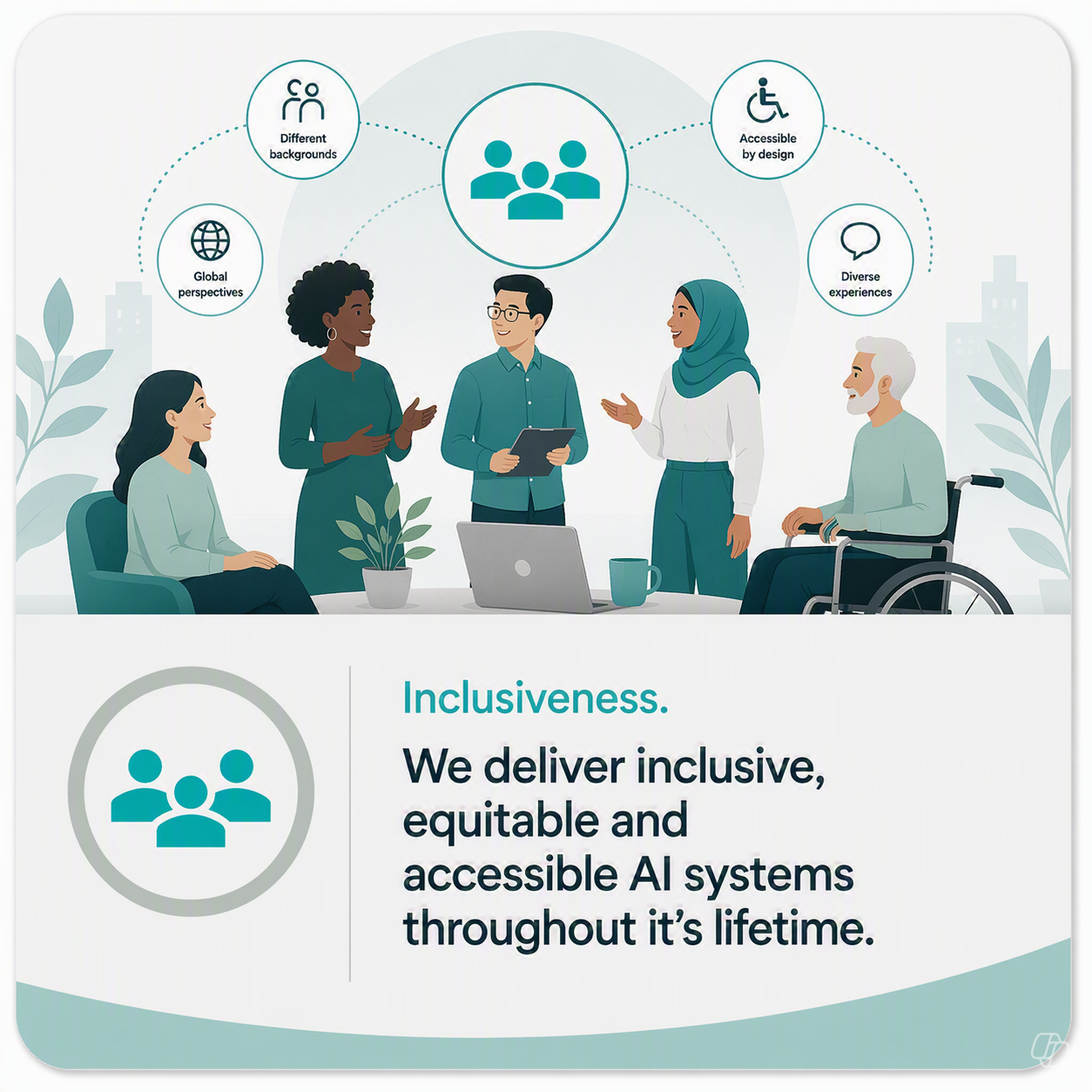 Group of diverse individuals collaborating around a laptop, with icons representing different backgrounds, accessibility, and global perspectives, illustrating inclusive AI system design