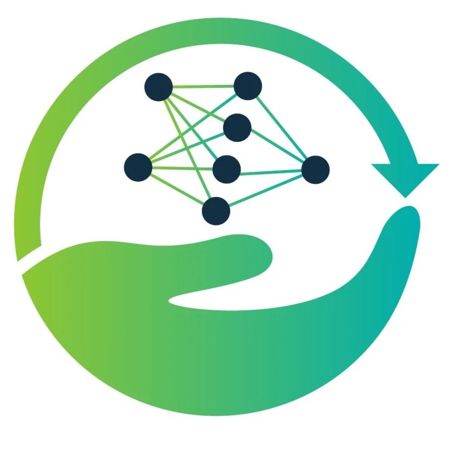 Illustration of a neural network interconnected nodes with a hand and arrow surrounding it, symbolizing AI or machine learning process.