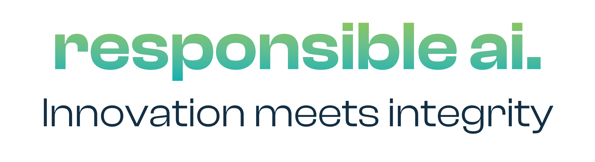 A logo with the words 'responsible ai.' in large gradient teal text and 'Innovation meets integrity' in smaller dark blue text below.