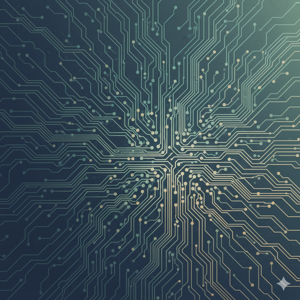 A digital illustration of a circuit board pattern with interconnected lines and dots, resembling a complex electronic circuit.