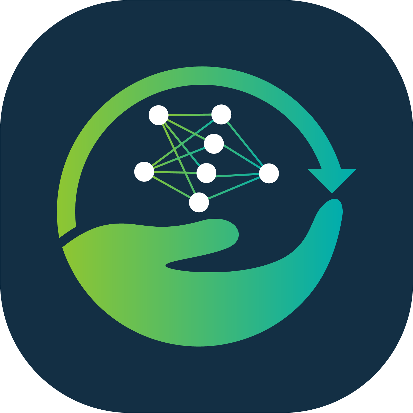 Graphic of a hand holding a neural network diagram inside a circular arrow.