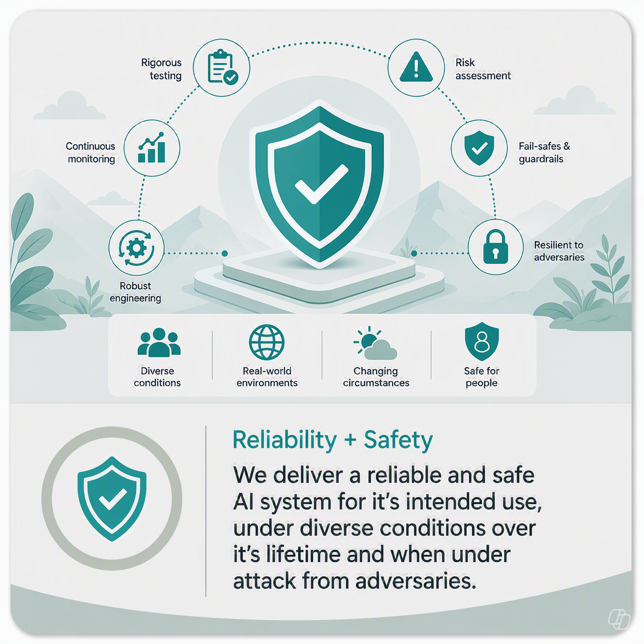 Protective shield representing reliability and safety in AI, surrounded by icons for testing, monitoring, risk assessment, and fail-safe mechanisms, indicating resilient system performance under different conditions.