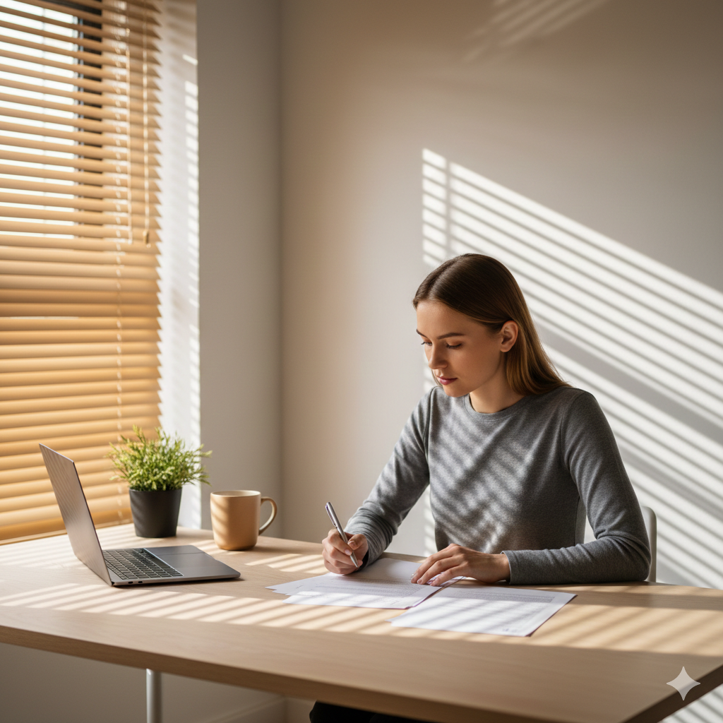 A woman working at a desk in a well-lit room with sunlight streaming through window blinds, with a laptop, coffee mug, and potted plant on the desk.
