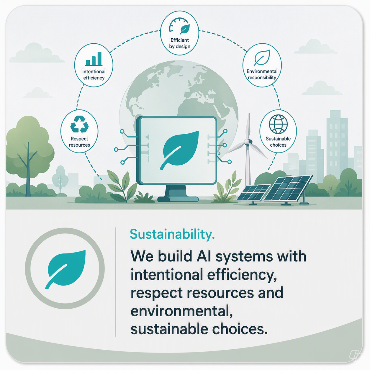 AI system displayed on a screen with a leaf symbol, surrounded by icons representing efficient design, environmental responsibility, resource optimisation, and sustainable technology practices.