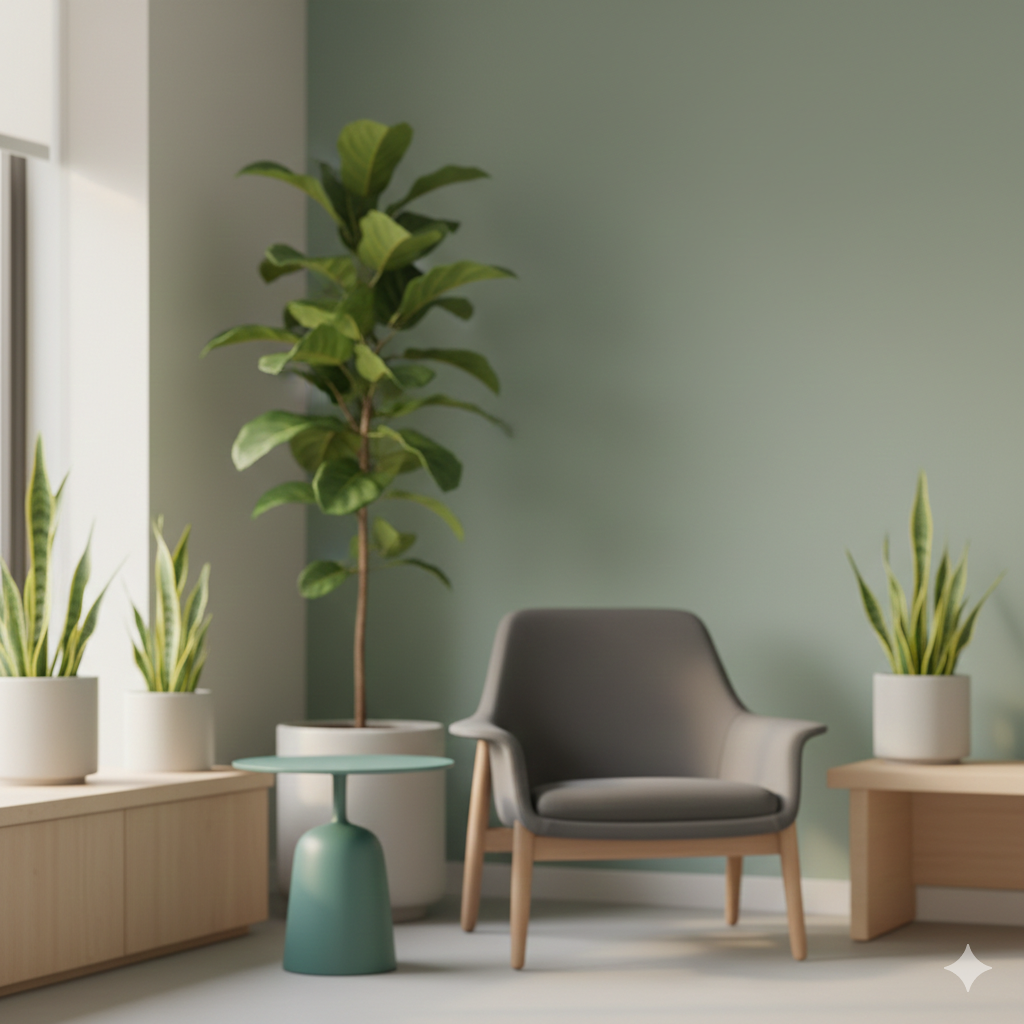 A cozy corner with a gray armchair, a small teal side table, and potted green plants against a light green wall.
