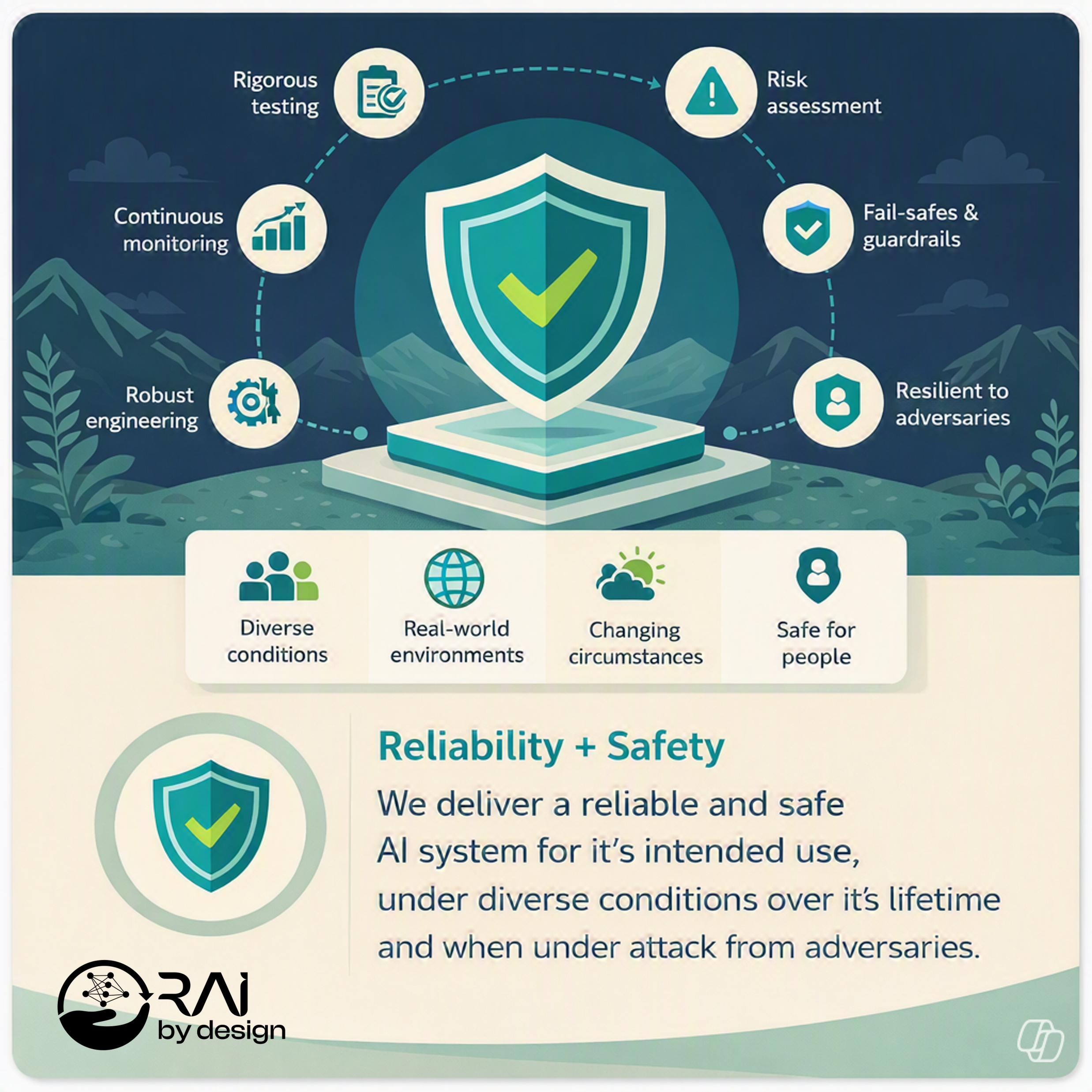 Infographic showing steps for AI reliability and safety including rigorous testing, risk assessment, fail-safes and guardrails, resilient to adversaries, continuous monitoring, robust engineering, diverse conditions, real-world environments, changing circumstances, and safe for people.