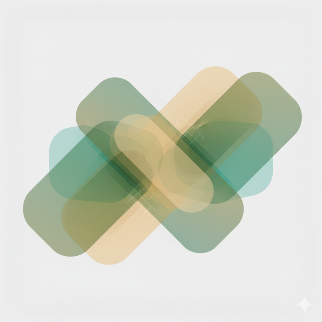 Abstract geometric design with overlapping rounded rectangles in shades of green, blue, and beige on a white background.