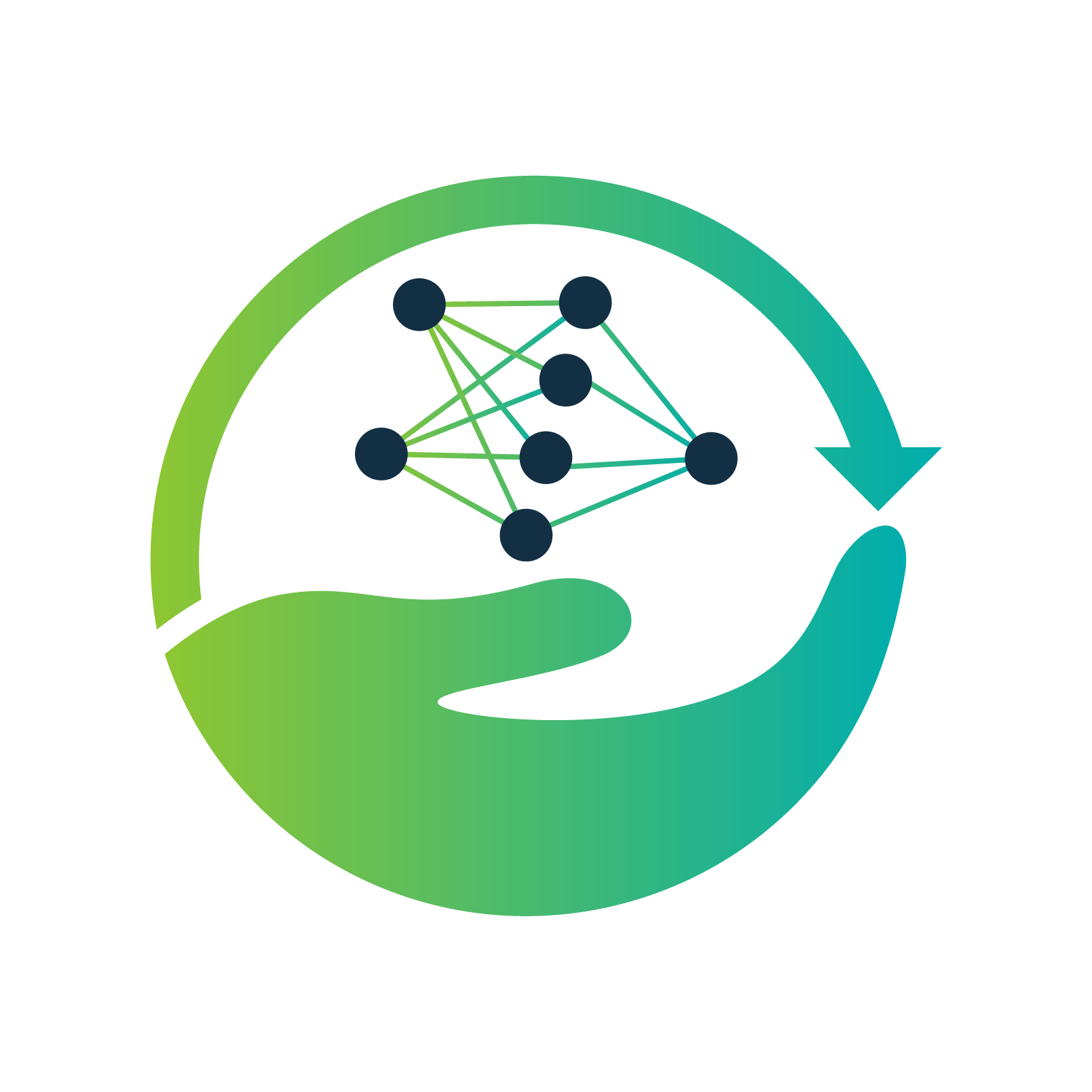 A stylized graphic of a hand encircling a network of connected dots with an arrow surrounding it, representing concepts of data flow, network, or digital connectivity.