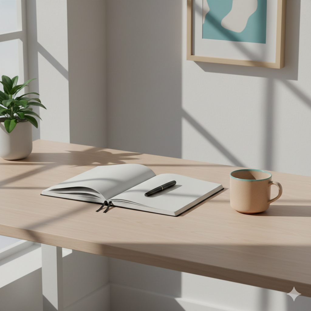 A light wood desk with an open notebook, a black pen, a beige mug, and a potted plant. Sunlight streams through a window, casting shadows on the wall and desk.