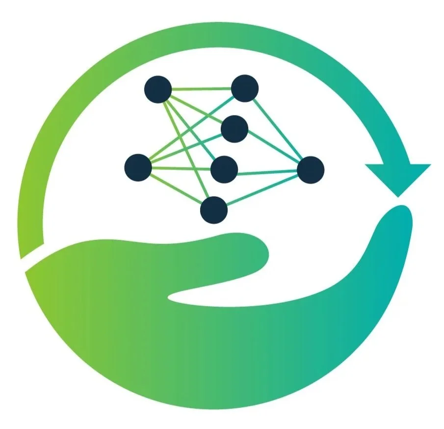 A graphic of a hand holding a network diagram with interconnected nodes inside a circular arrow, symbolizing machine learning or artificial intelligence processes.