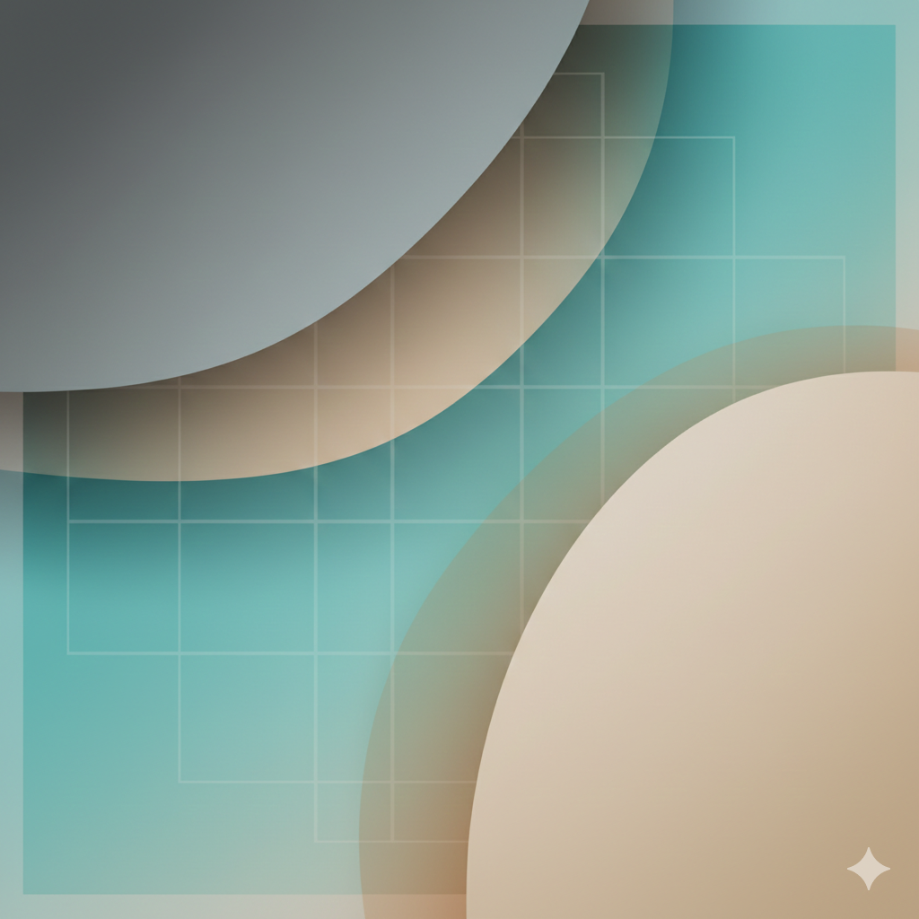 Abstract geometric background with soft overlapping circles in shades of blue, beige, and white, overlaid with faint white grid lines.