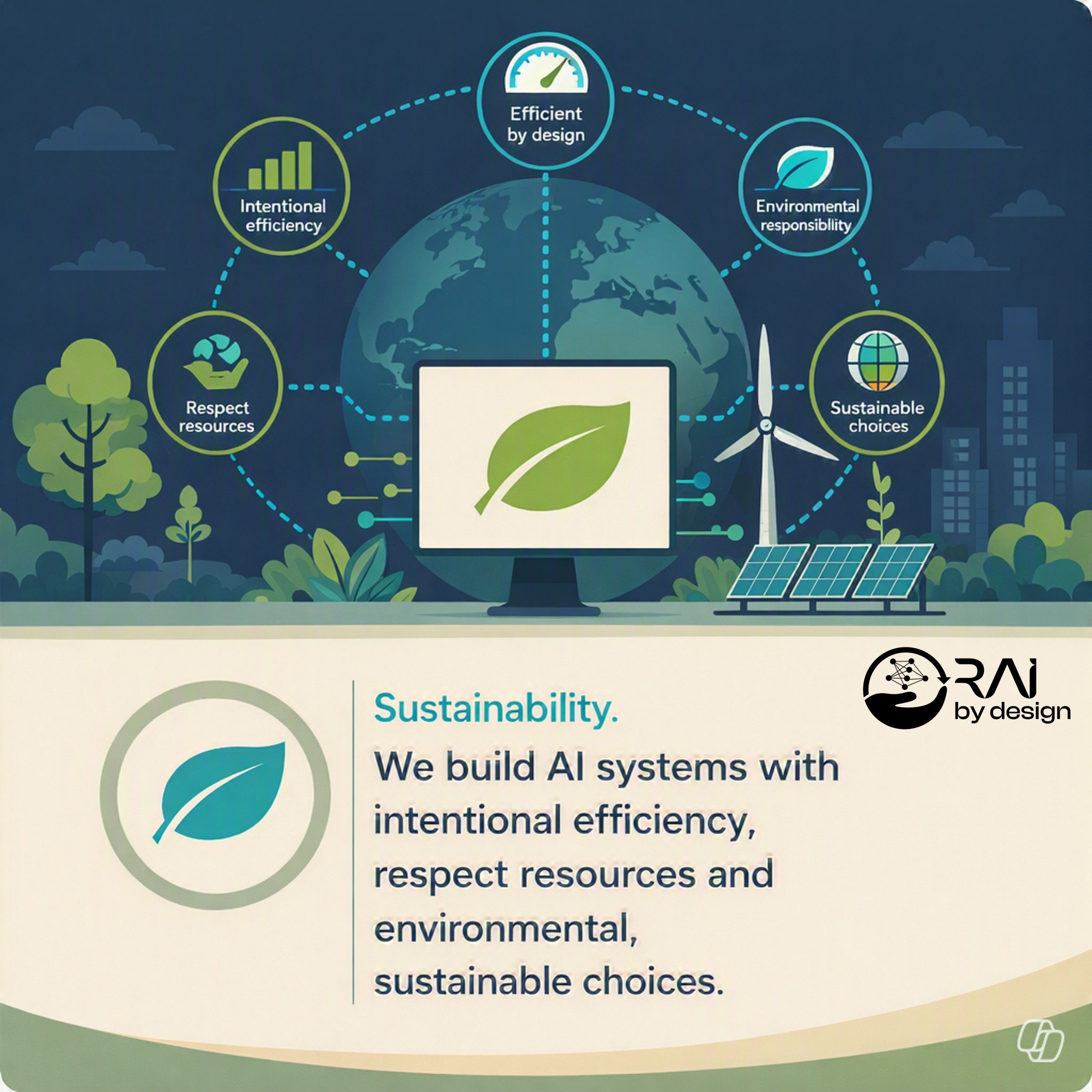 Illustration promoting sustainability featuring a globe with interconnected icons representing environmental responsibility, renewable resources, efficiency by design, and sustainable choices, along with images of wind turbines, solar panels, trees, and buildings.