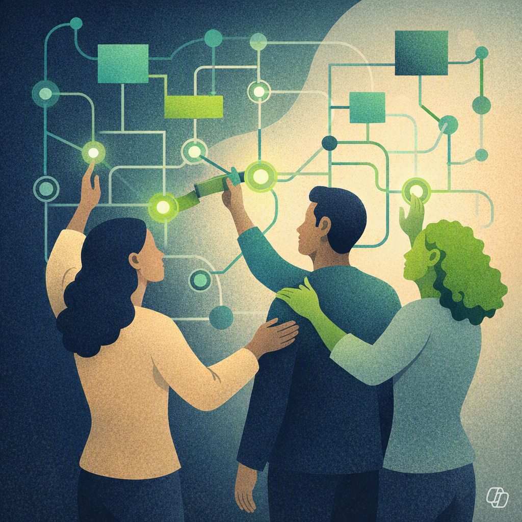 Illustration of three people collaborating on a connected system diagram, pointing to and adjusting nodes and pathways on a network-like interface, representing teamwork in designing or managing complex digital or AI systems.