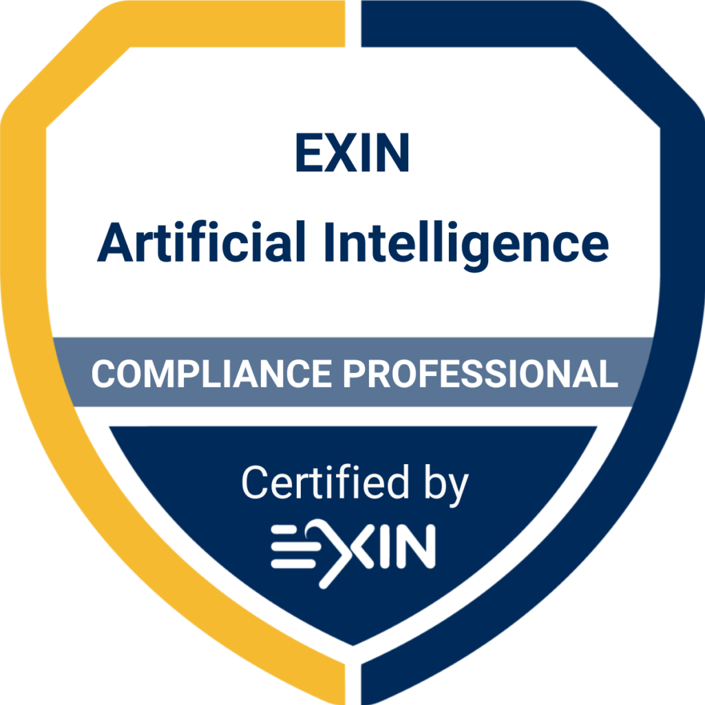 Badge for EXIN Artificial Intelligence Compliance Professional, certified by EXIN, with a shield design using blue, white, and gold colors.