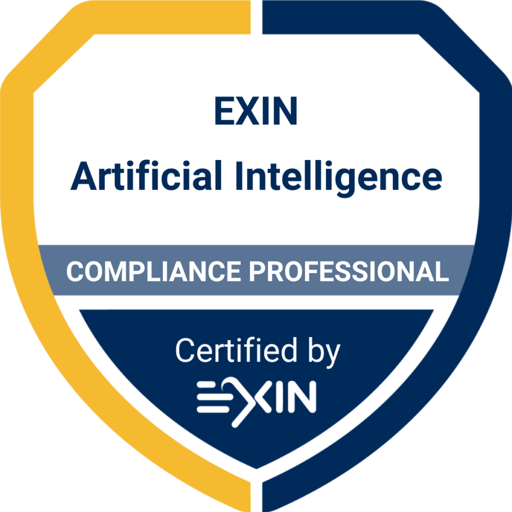 Badge with the text 'EXIN Artificial Intelligence Compliance Professional Certified by EXIN' in blue, white, and yellow colors.