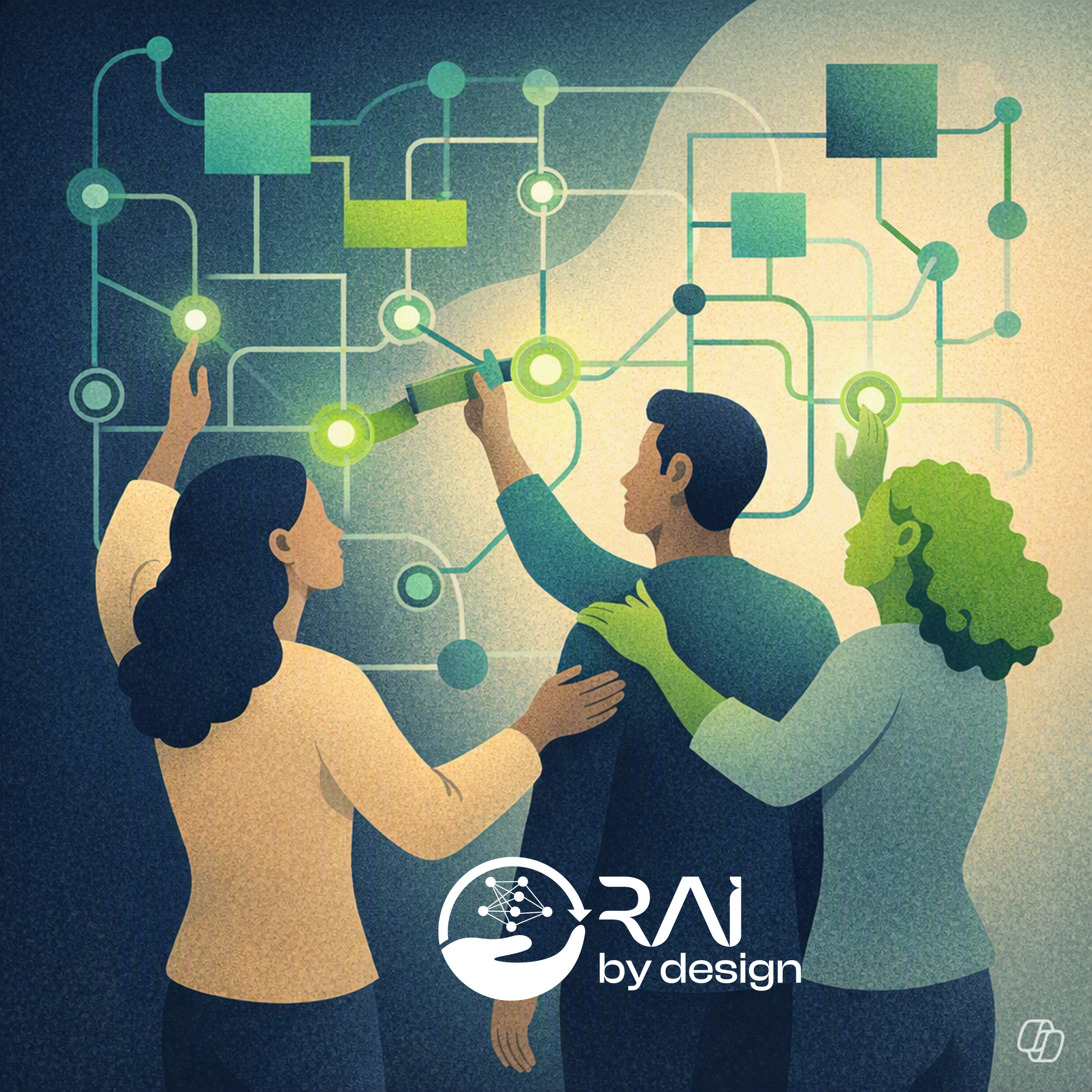 Illustration of three people with hands reaching toward a network of interconnected nodes and lines, representing collaboration in design or technology.