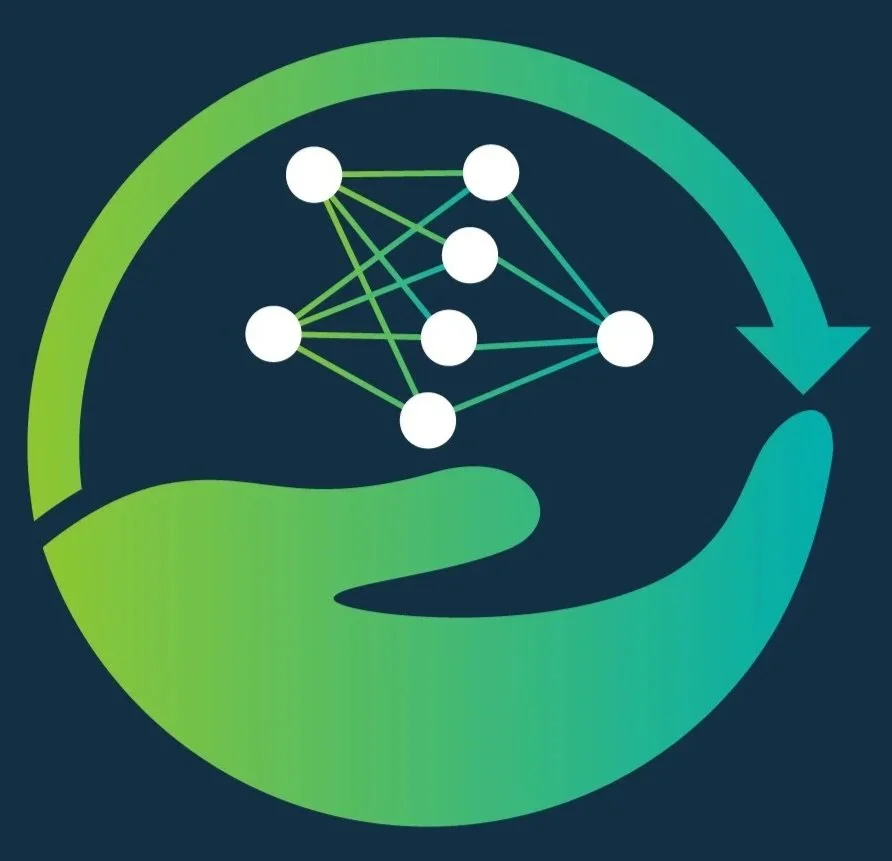 A stylized graphic of a hand cradling a neural network within a circular arrow, symbolizing AI or machine learning.